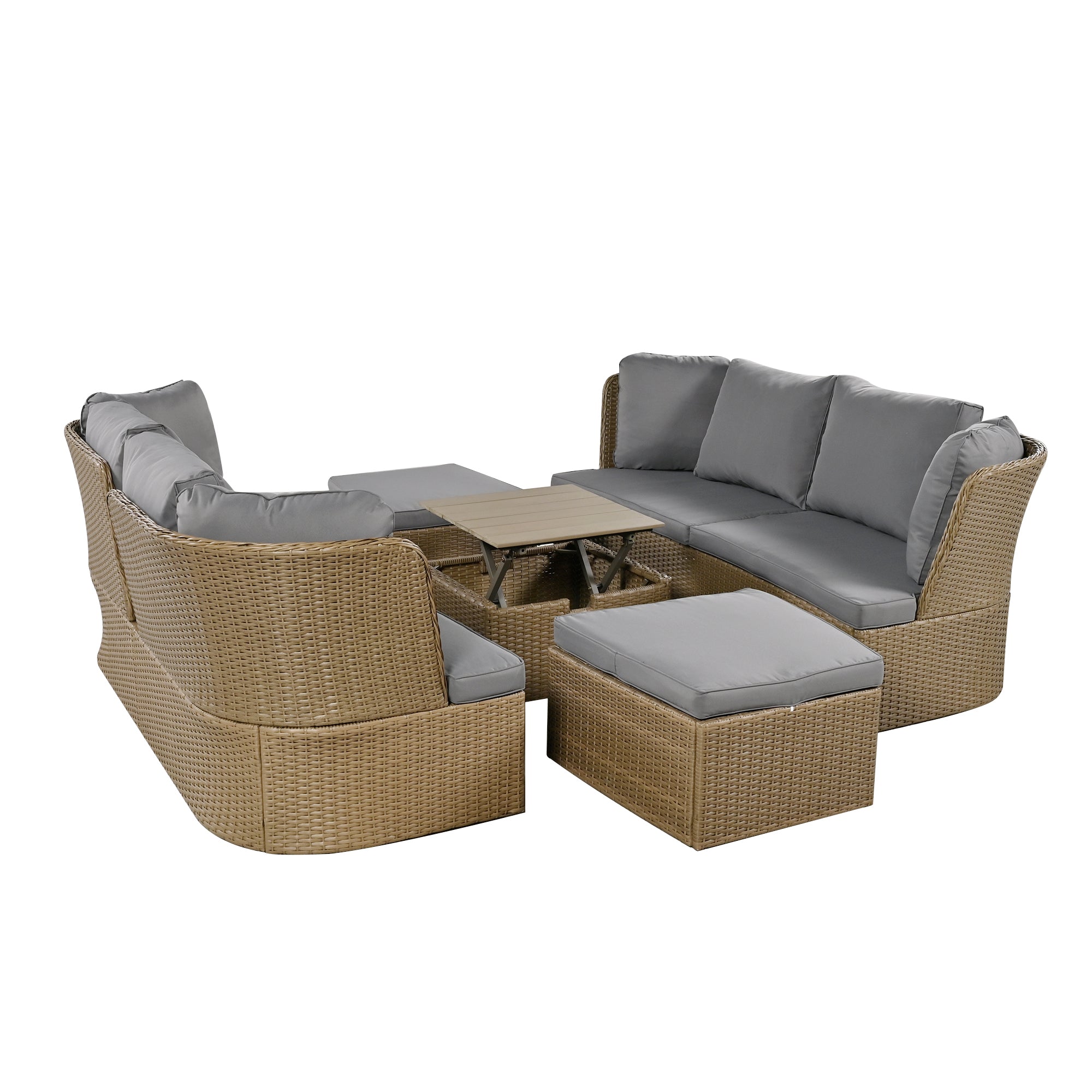 5-Piece Brown Wicker Outdoor Curved Day Bed with Beige Thick Cushions BOUSPS39-GR