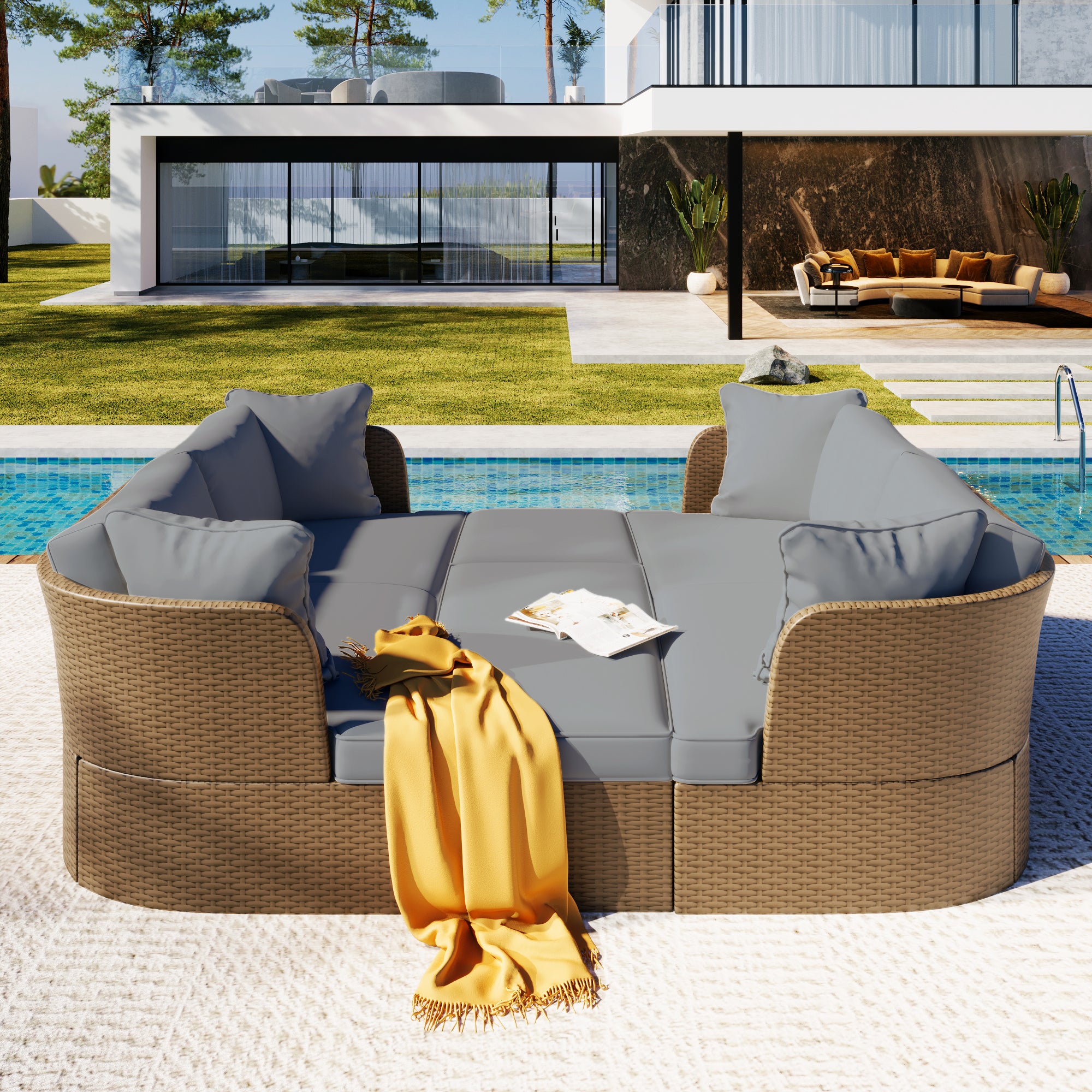 5-Piece Brown Wicker Outdoor Curved Day Bed with Beige Thick Cushions BOUSPS39-GR