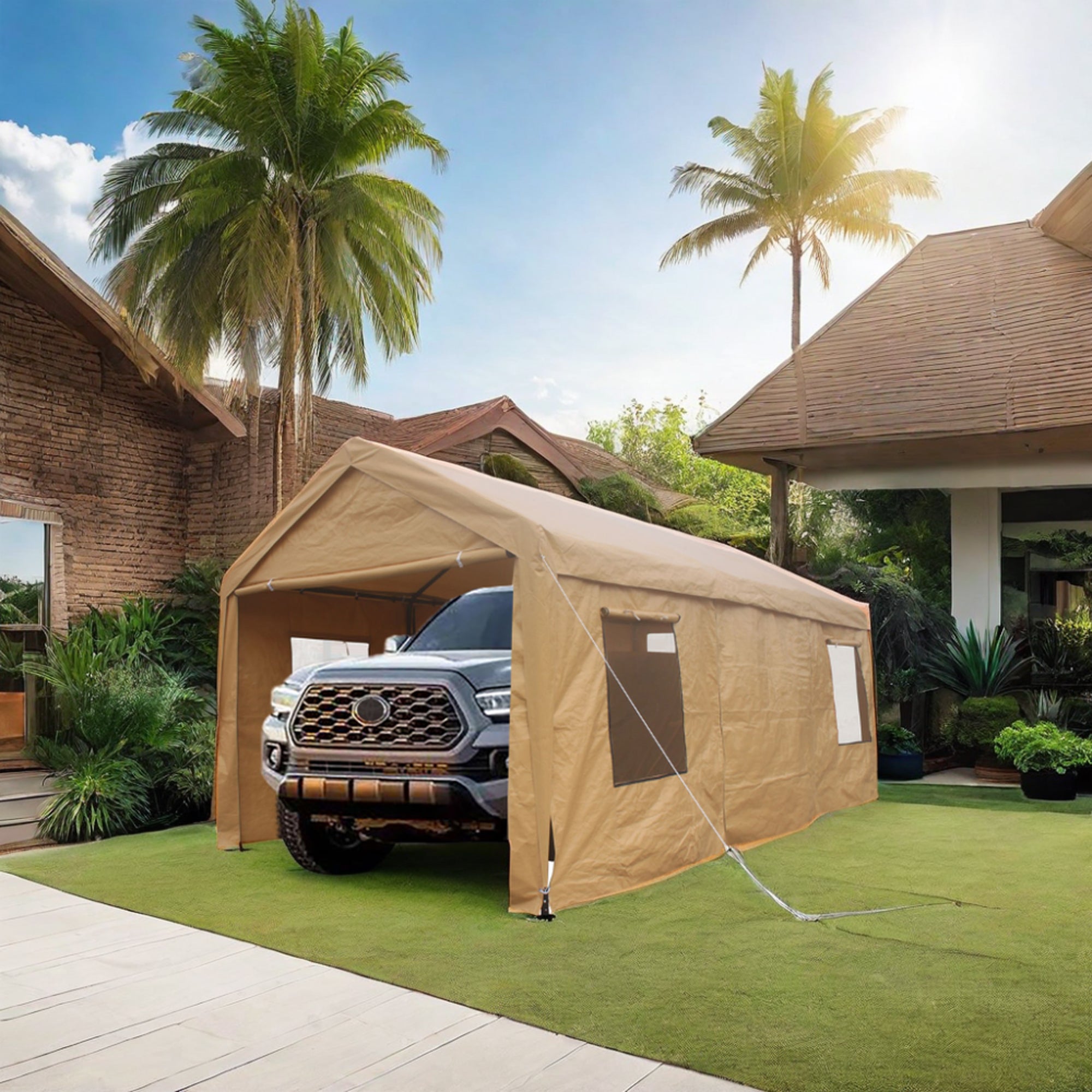 10 ft. x 20 ft. Khaki Heavy Duty Garage with Iron Frame without Floor BOVCPTG05KH