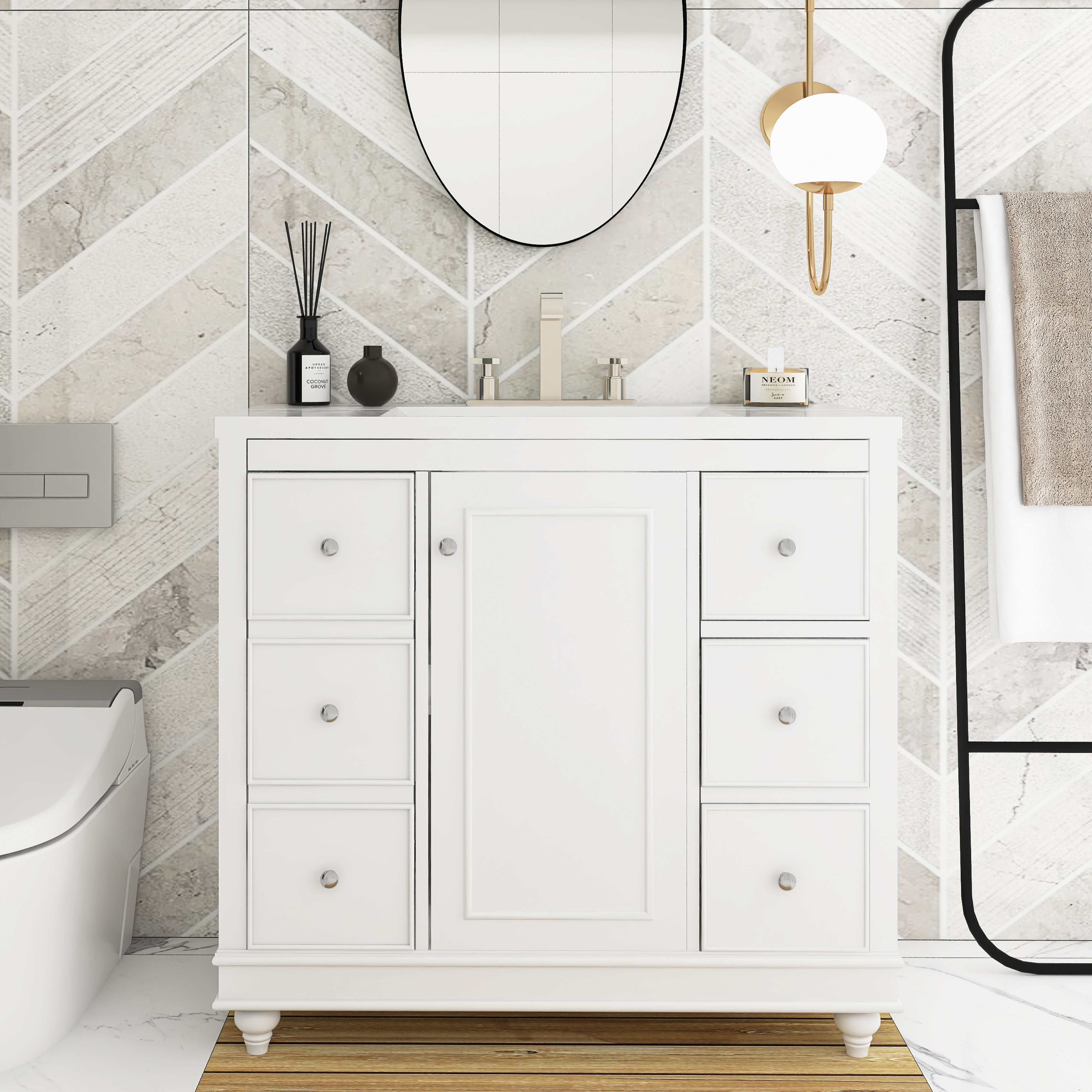 36 Inch Solid Wood Frame Freestanding Bathroom Vanity Set with Adjustable Shelf