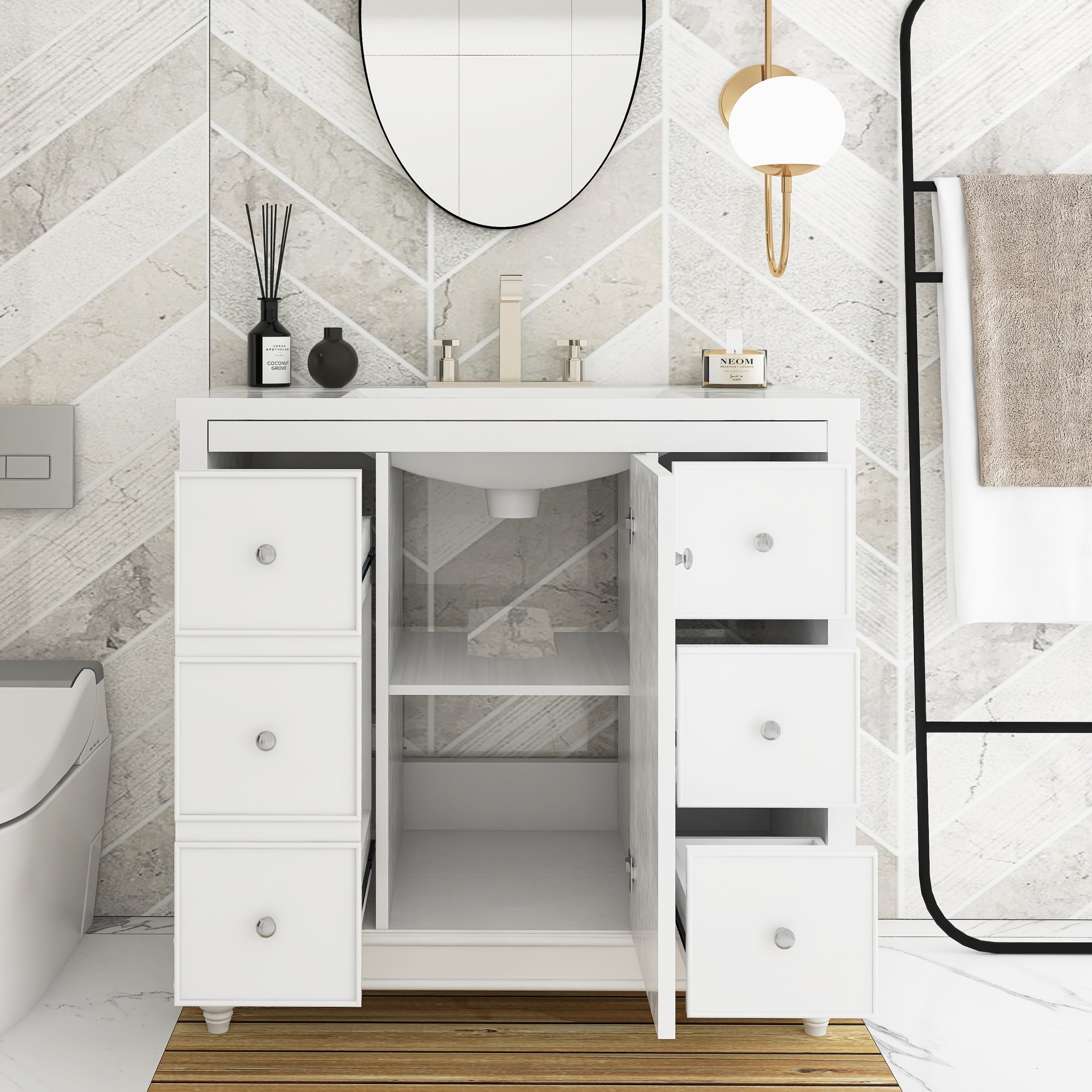 36 Inch Solid Wood Frame Freestanding Bathroom Vanity Set with Adjustable Shelf