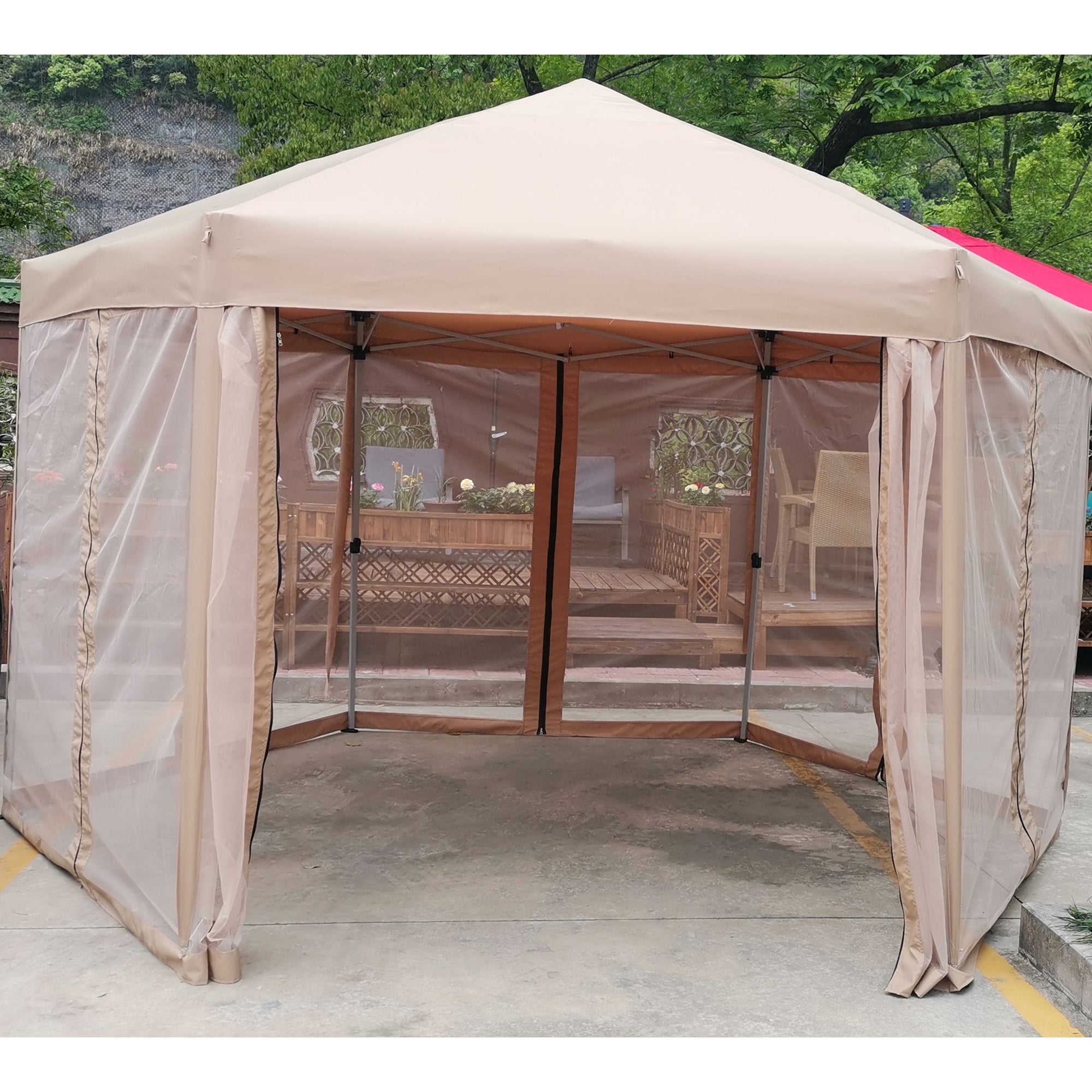 13' x 13' Metal Brown Outdoor Patio Canopy Gazebo with Strong Steel Frame Storage Bag