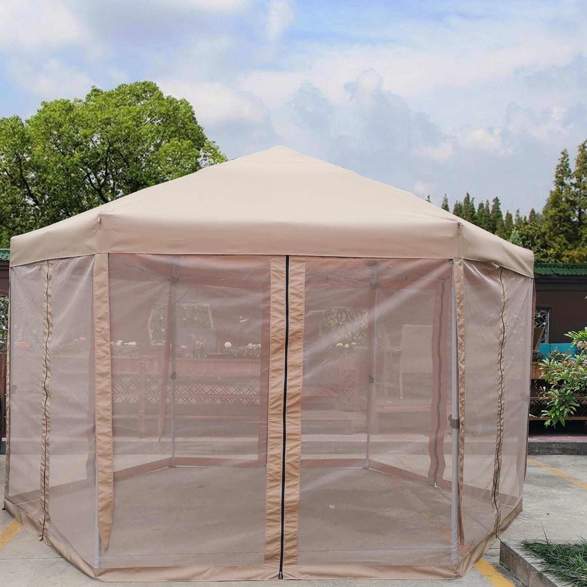 13' x 13' Metal Brown Outdoor Patio Canopy Gazebo with Strong Steel Frame Storage Bag