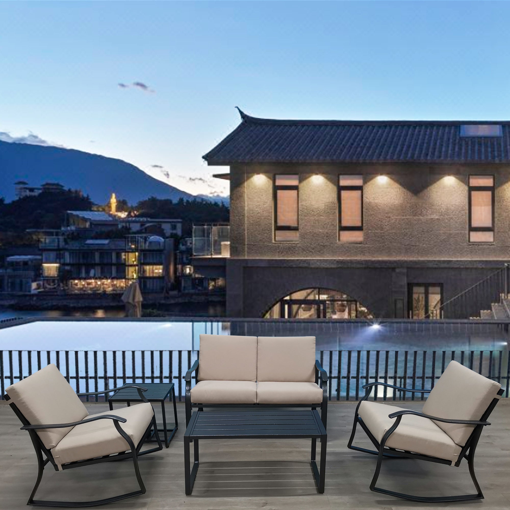 5-Piece Steel Frame Outdoor Patio Conversation Set with Cushion