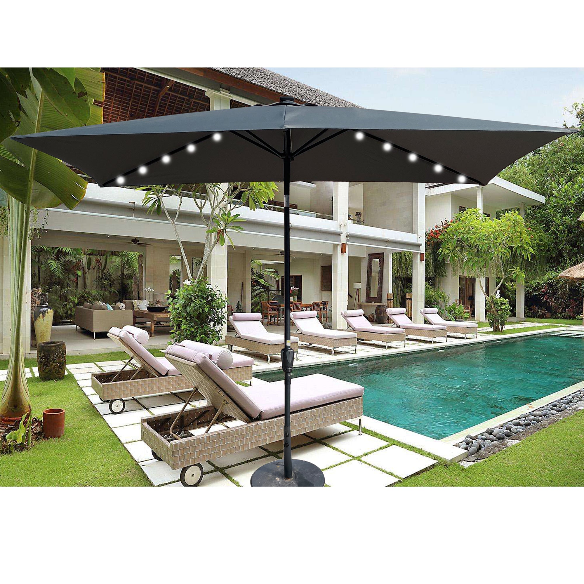 10 ft. x 6.5 ft. Outdoor Patio Rectangular Solar LED Lighted Market Umbrellas with Crank and Push Button Tilt