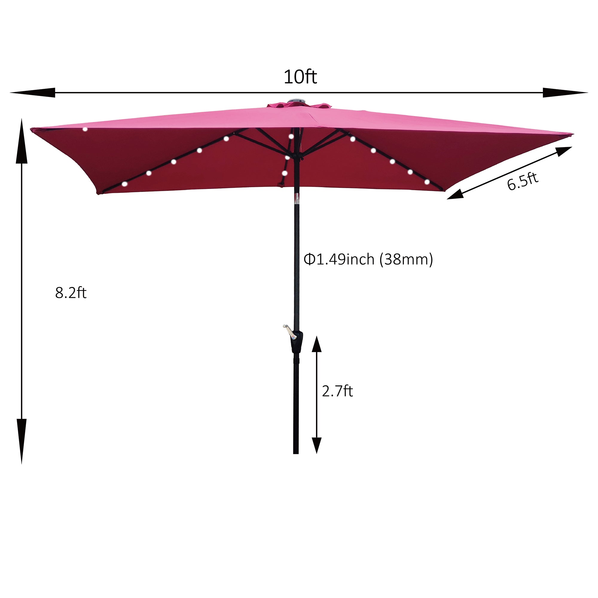 10 ft. x 6.5 ft. Outdoor Patio Rectangular Solar LED Lighted Market Umbrellas with Crank and Push Button Tilt