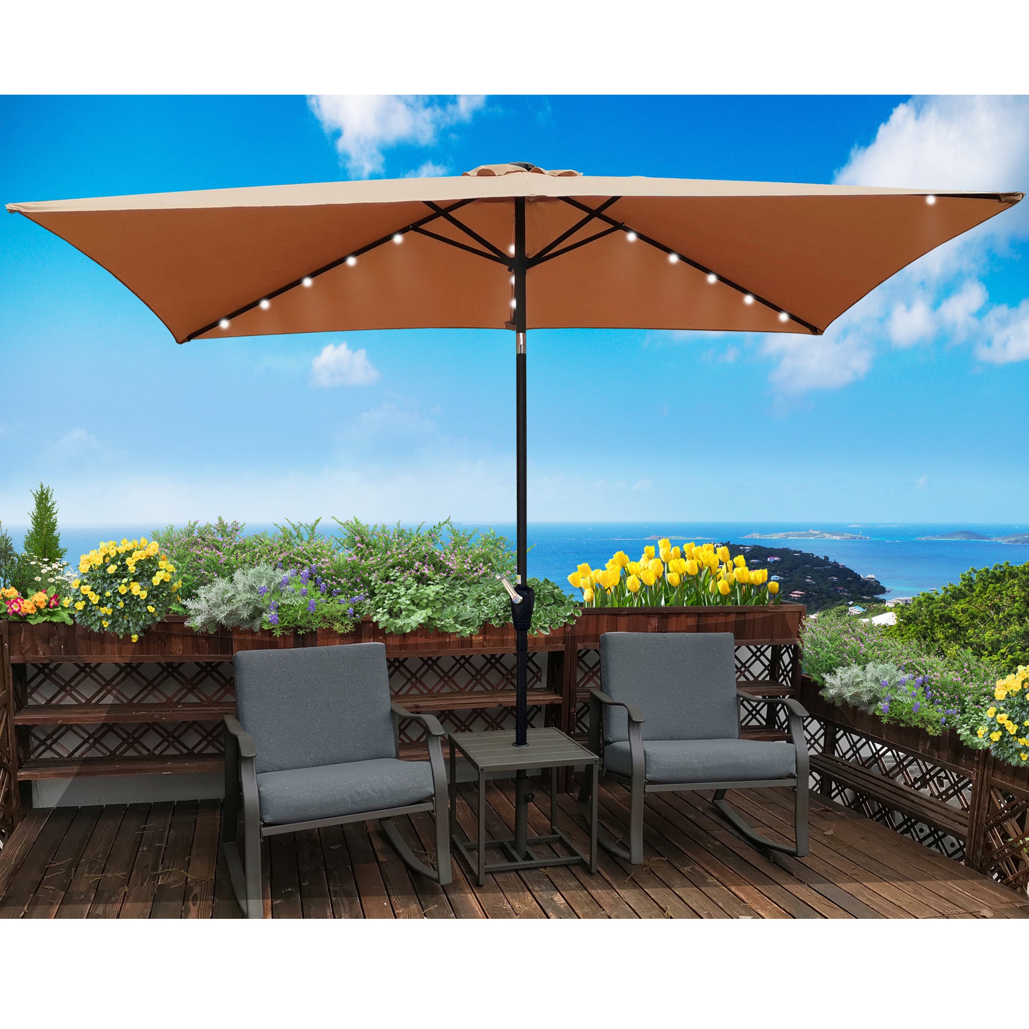 10 ft. x 6.5 ft. Outdoor Patio Rectangular Solar LED Lighted Market Umbrellas with Crank and Push Button Tilt