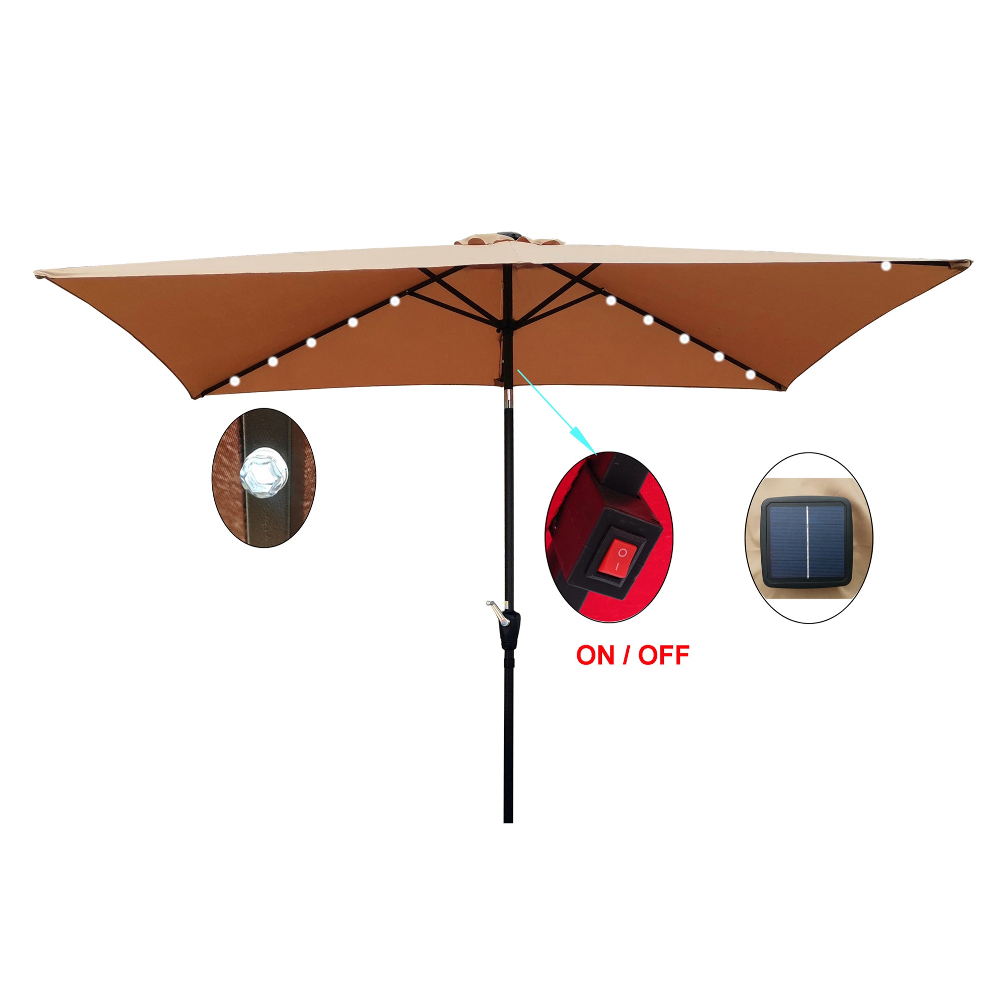 10 ft. x 6.5 ft. Outdoor Patio Rectangular Solar LED Lighted Market Umbrellas with Crank and Push Button Tilt