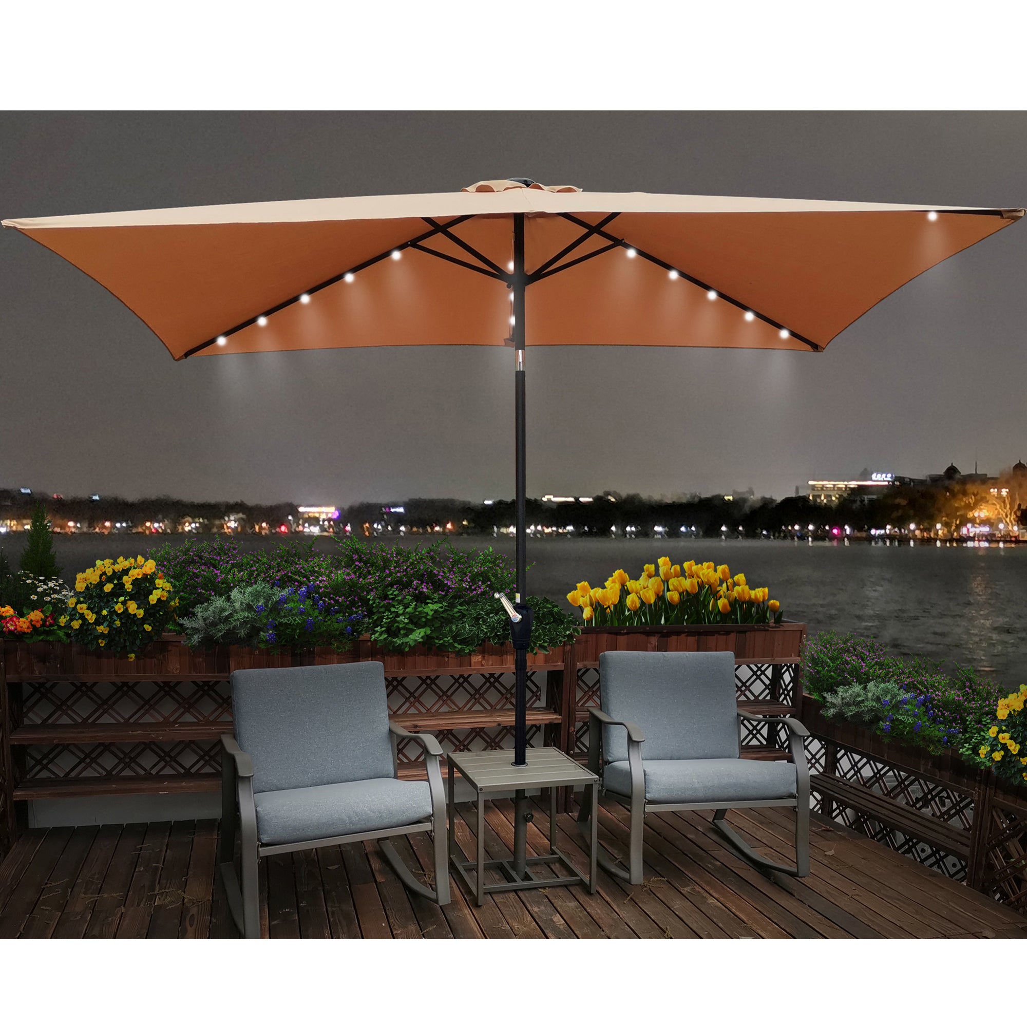 10 ft. x 6.5 ft. Outdoor Patio Rectangular Solar LED Lighted Market Umbrellas with Crank and Push Button Tilt