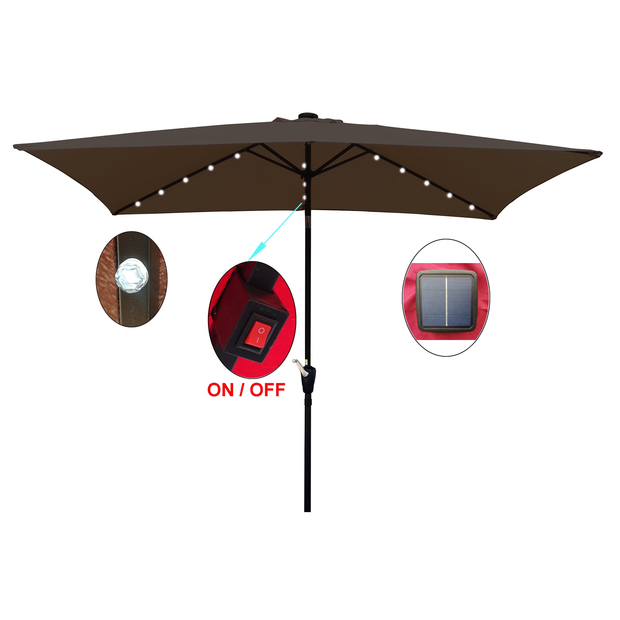 10 ft. x 6.5 ft. Outdoor Patio Rectangular Solar LED Lighted Market Umbrellas with Crank and Push Button Tilt