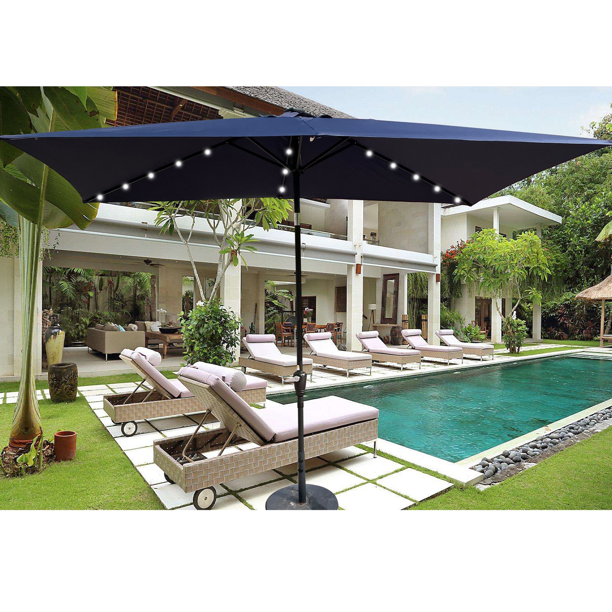 10 ft. x 6.5 ft. Outdoor Patio Rectangular Solar LED Lighted Market Umbrellas with Crank and Push Button Tilt