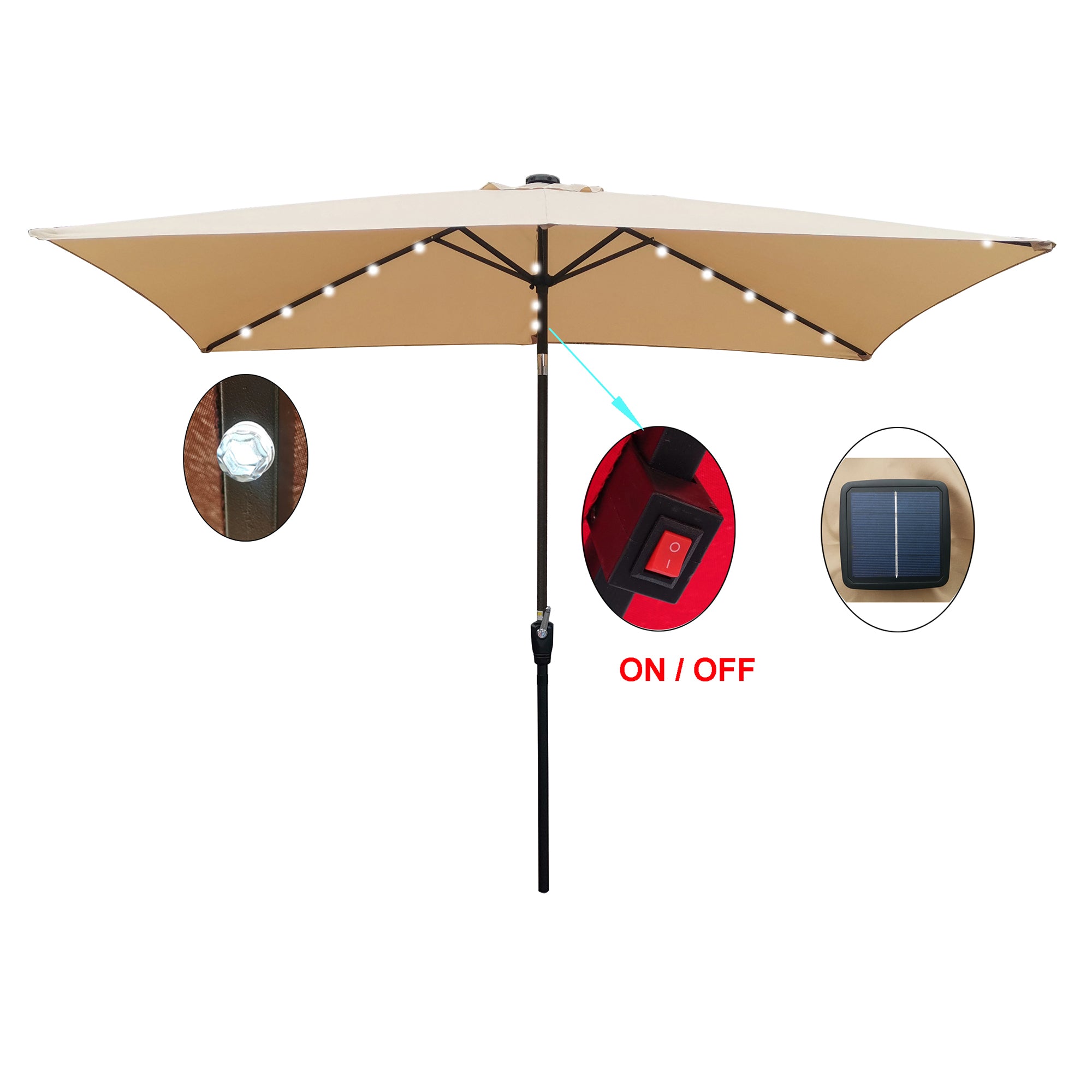 10 ft. x 6.5 ft. Outdoor Patio Rectangular Solar LED Lighted Market Umbrellas with Crank and Push Button Tilt