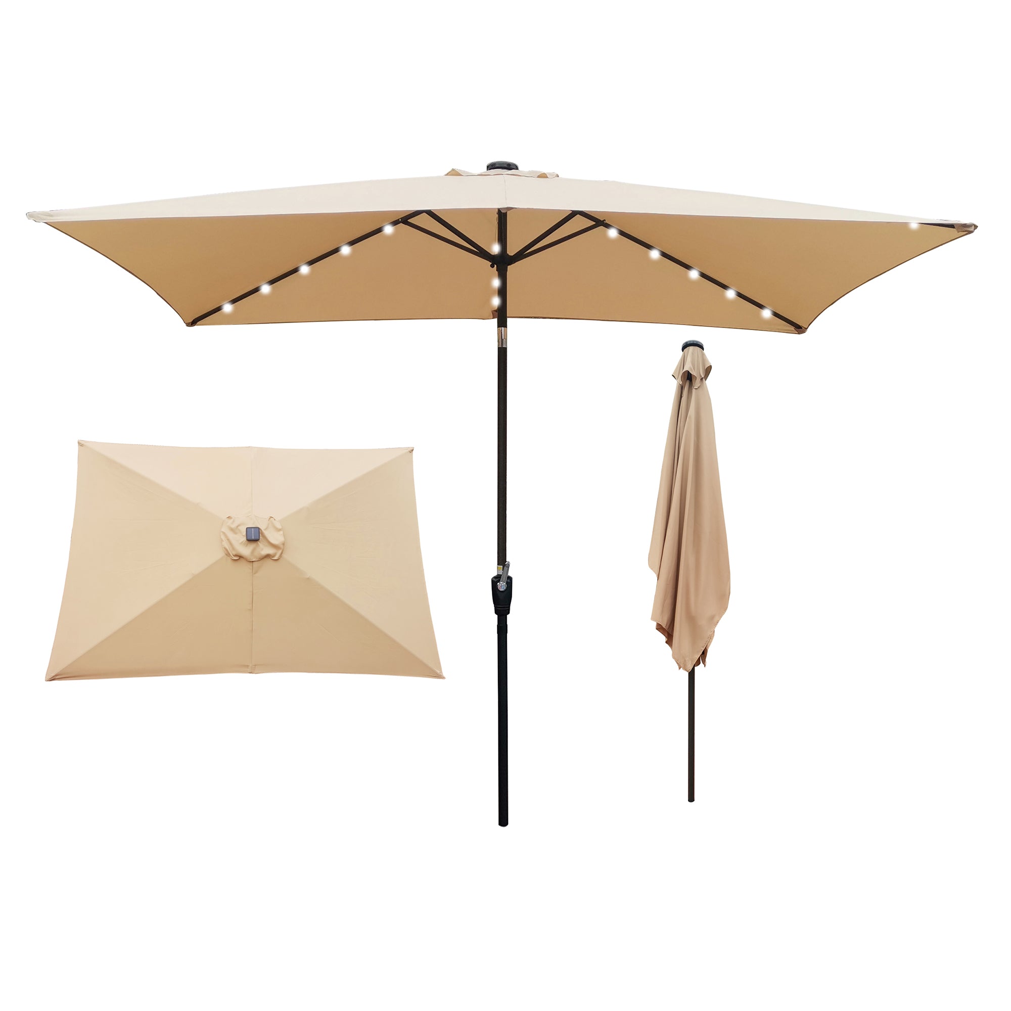 10 ft. x 6.5 ft. Outdoor Patio Rectangular Solar LED Lighted Market Umbrellas with Crank and Push Button Tilt