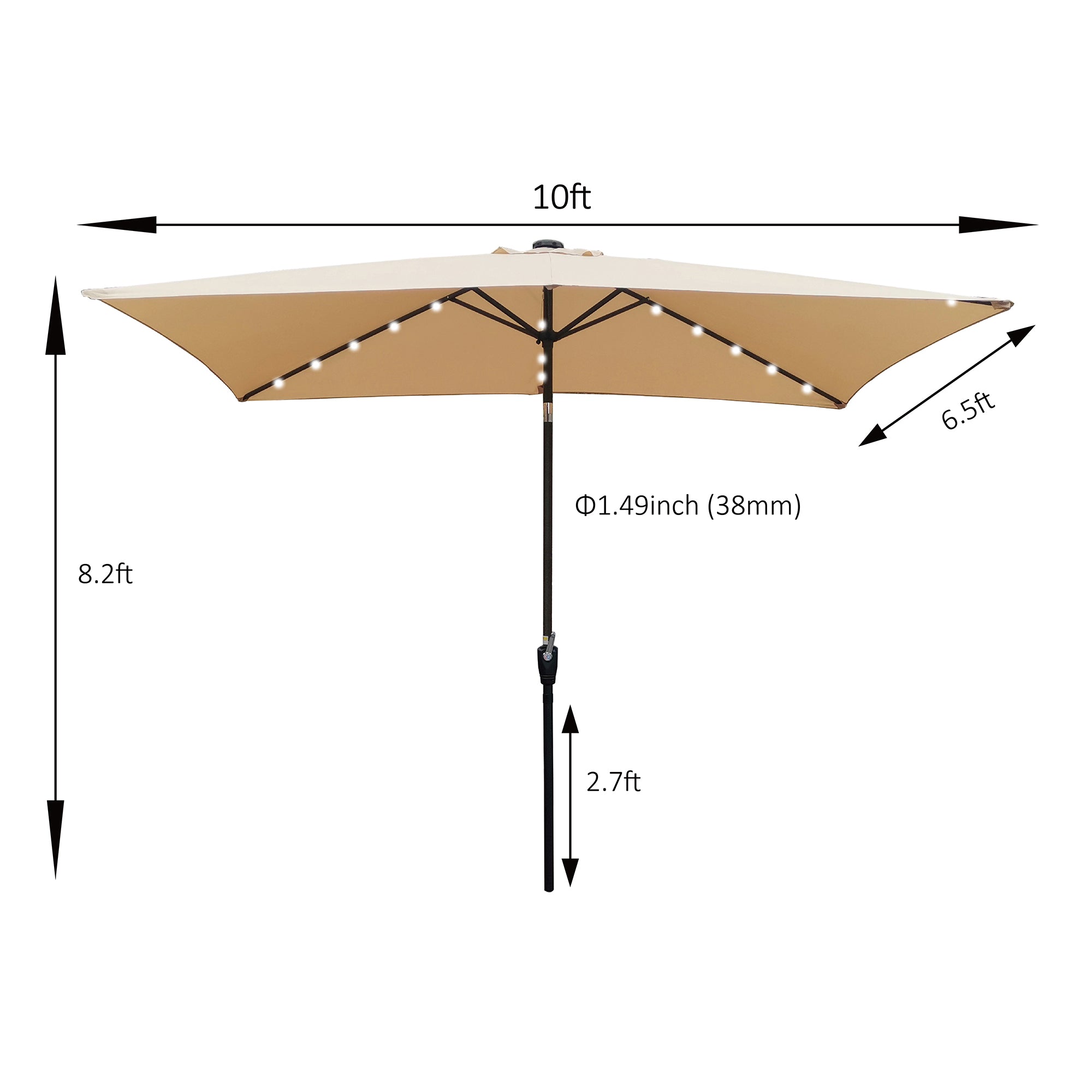 10 ft. x 6.5 ft. Outdoor Patio Rectangular Solar LED Lighted Market Umbrellas with Crank and Push Button Tilt