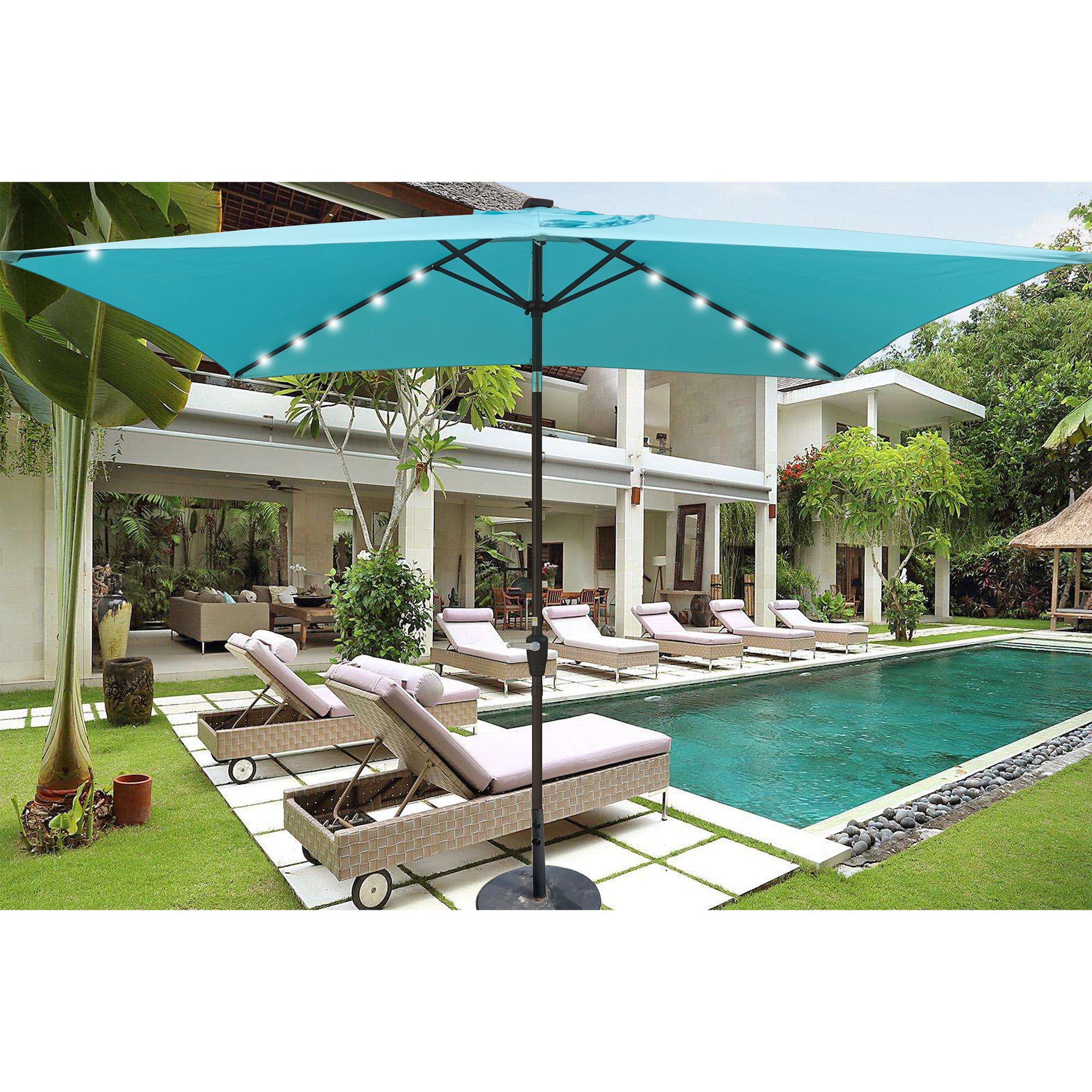 10 ft. x 6.5 ft. Outdoor Patio Rectangular Solar LED Lighted Market Umbrellas with Crank and Push Button Tilt