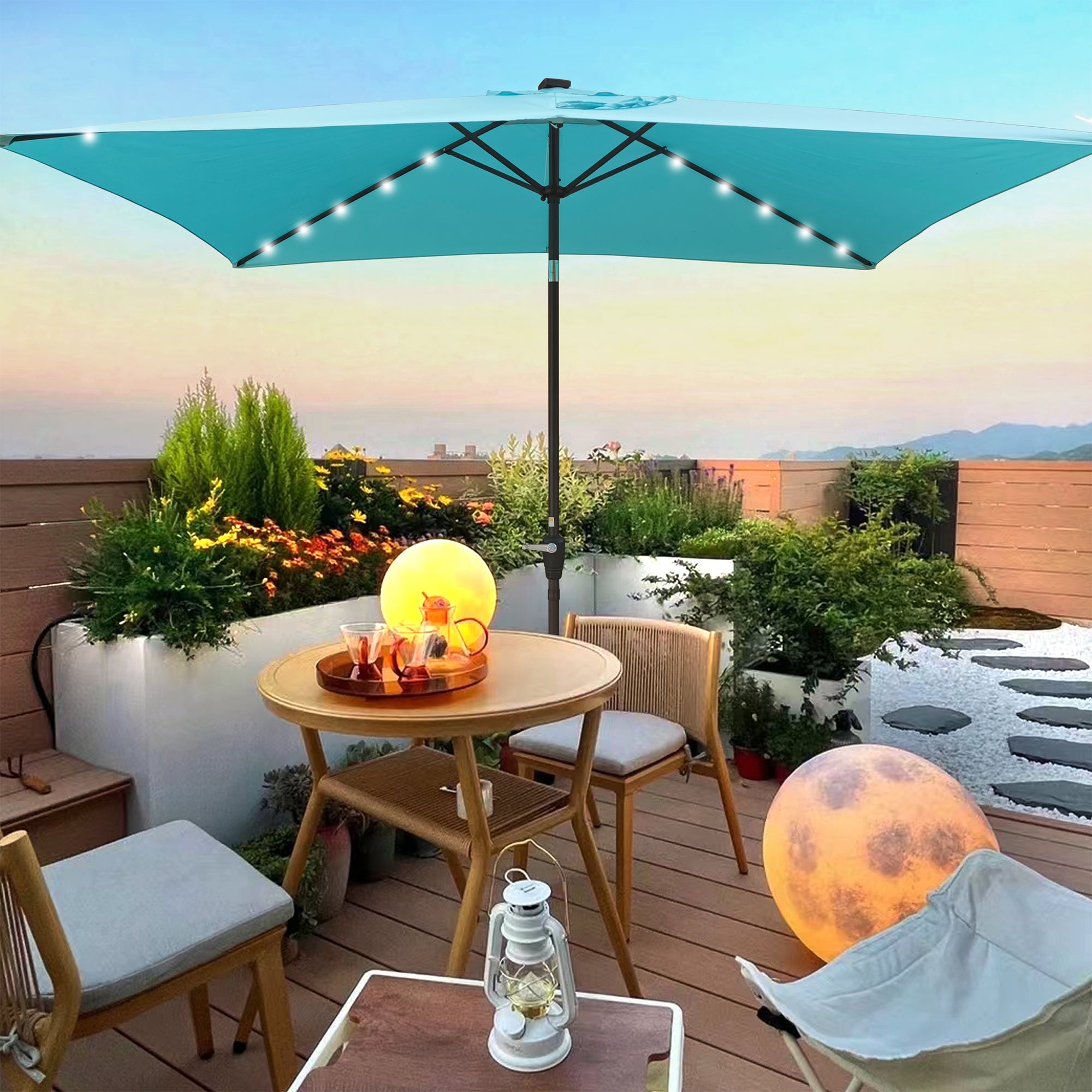 10 ft. x 6.5 ft. Outdoor Patio Rectangular Solar LED Lighted Market Umbrellas with Crank and Push Button Tilt