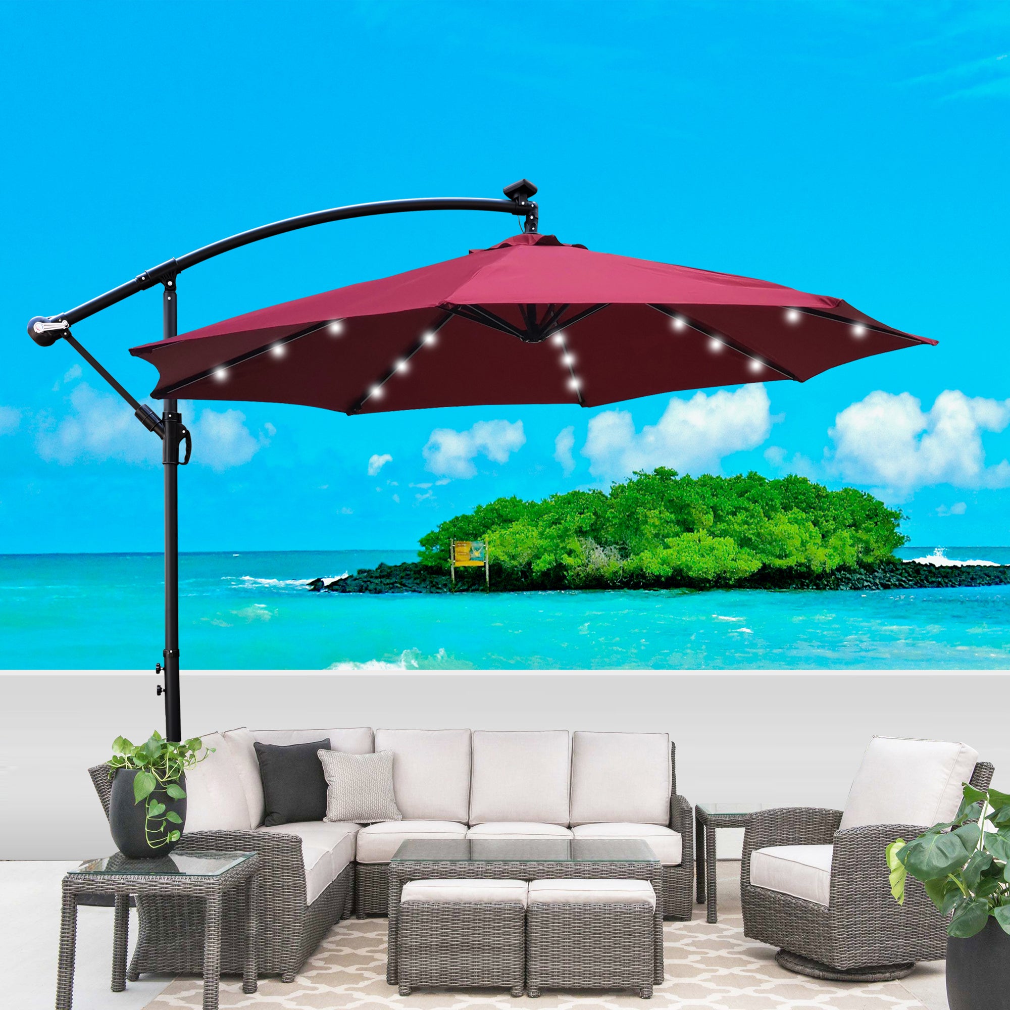 10 ft. Outdoor Patio Solar Powered LED Lighted Sun Shade Market Waterproof 8 Ribs Umbrella with Crank and Cross Base