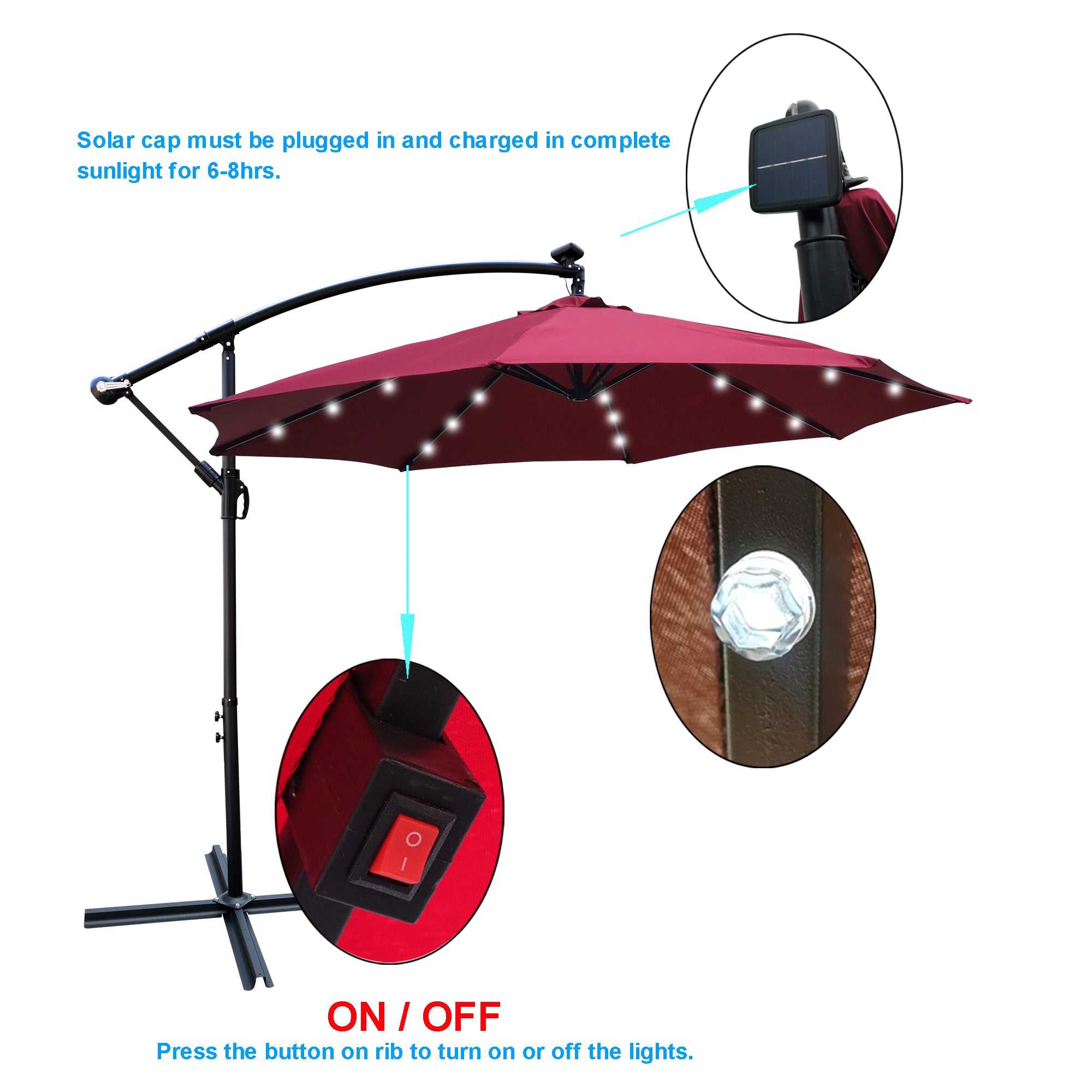 10 ft. Outdoor Patio Solar Powered LED Lighted Sun Shade Market Waterproof 8 Ribs Umbrella with Crank and Cross Base