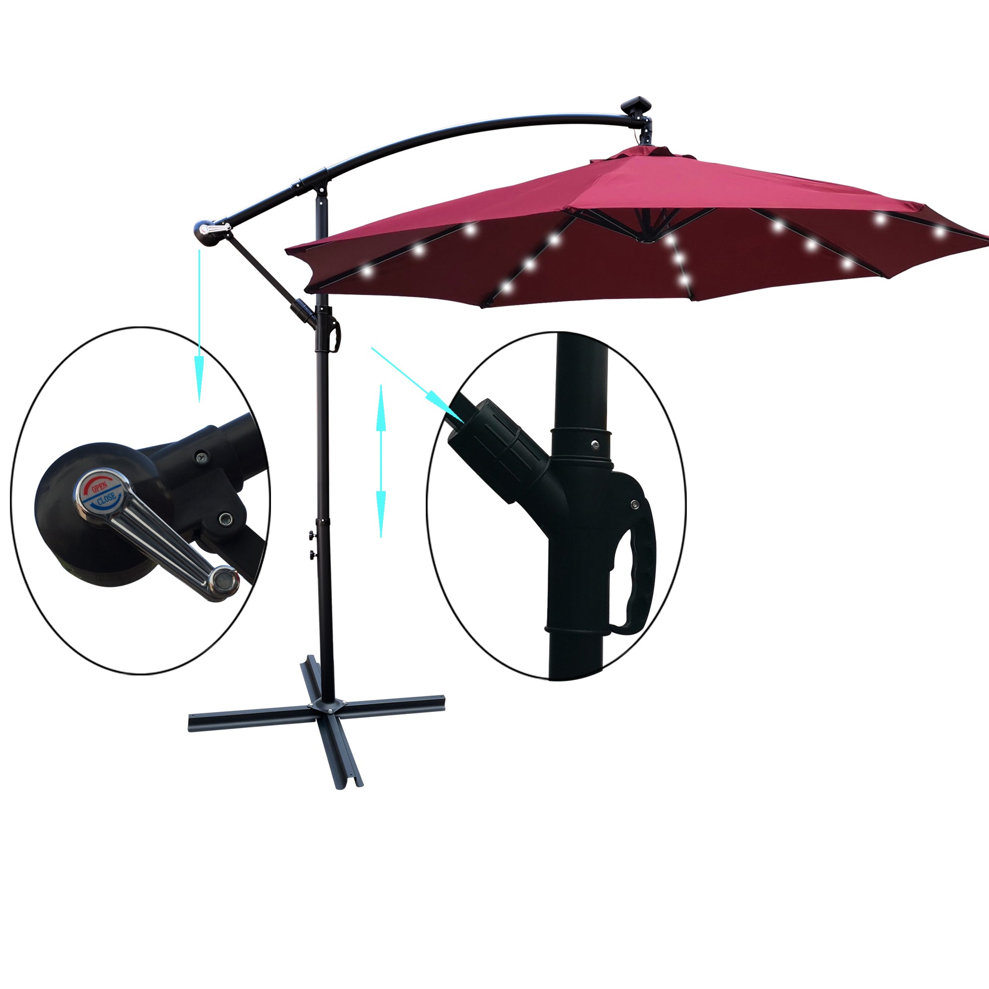 10 ft. Outdoor Patio Solar Powered LED Lighted Sun Shade Market Waterproof 8 Ribs Umbrella with Crank and Cross Base