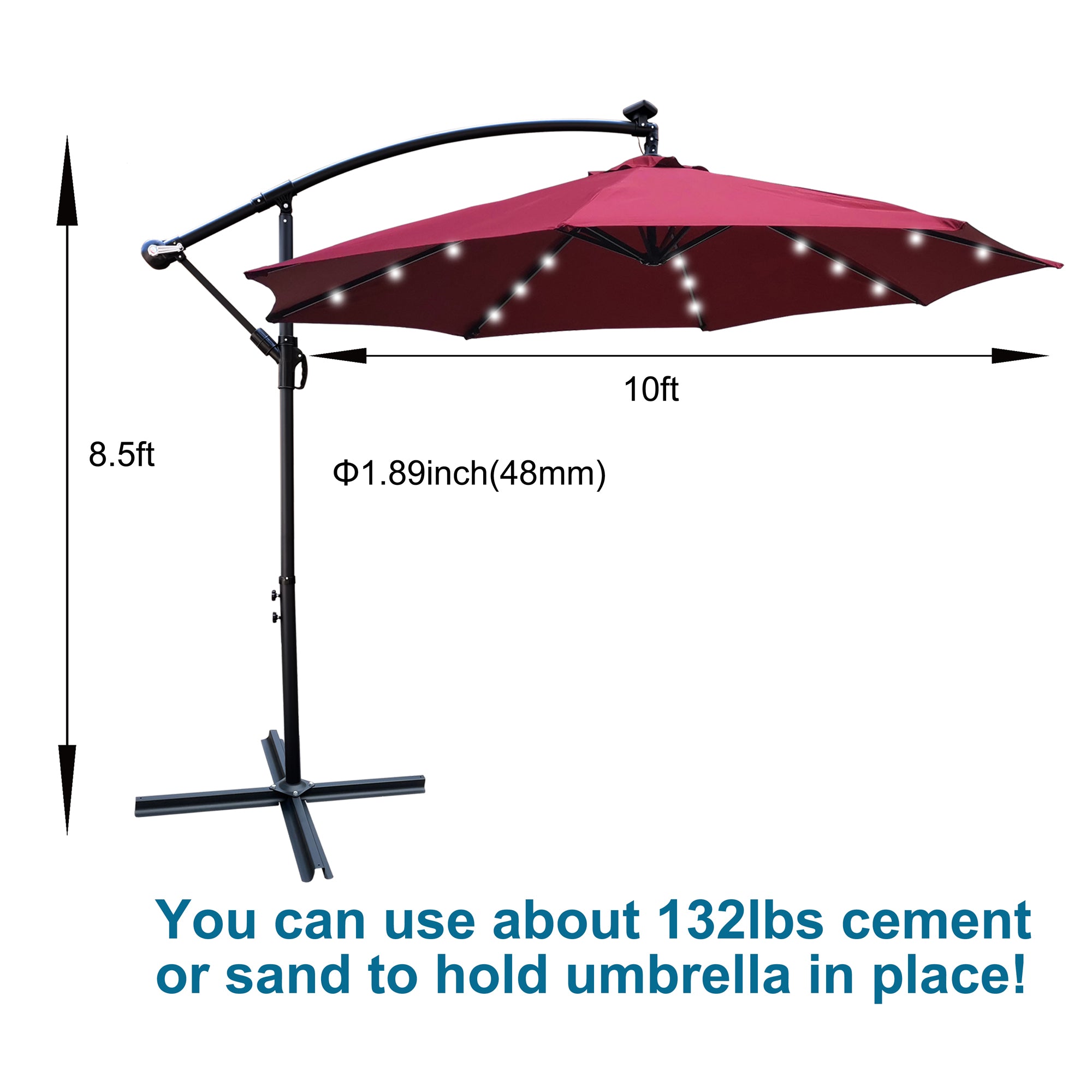 10 ft. Outdoor Patio Solar Powered LED Lighted Sun Shade Market Waterproof 8 Ribs Umbrella with Crank and Cross Base