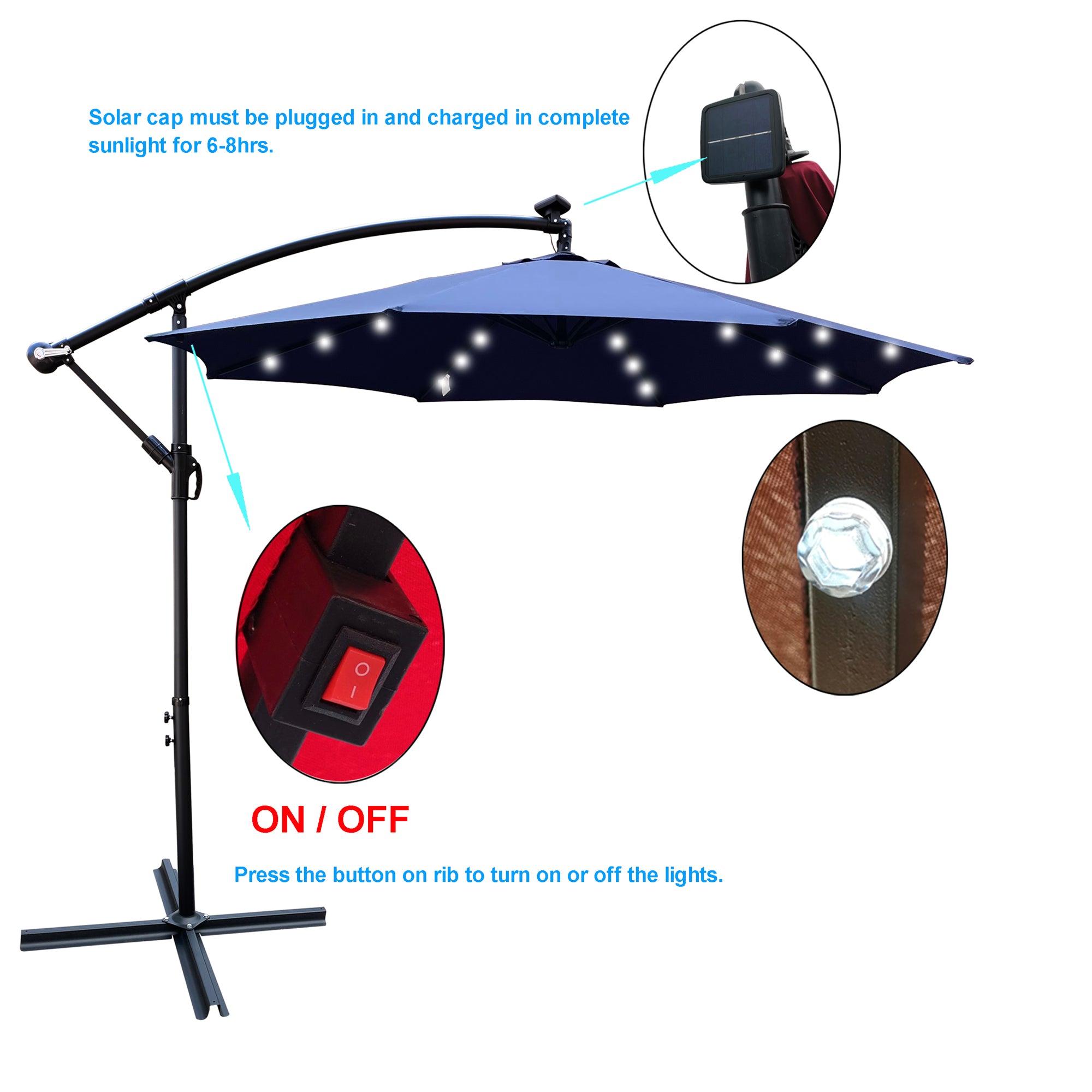 10 ft. Outdoor Patio Solar Powered LED Lighted Sun Shade Market Waterproof 8 Ribs Umbrella with Crank and Cross Base