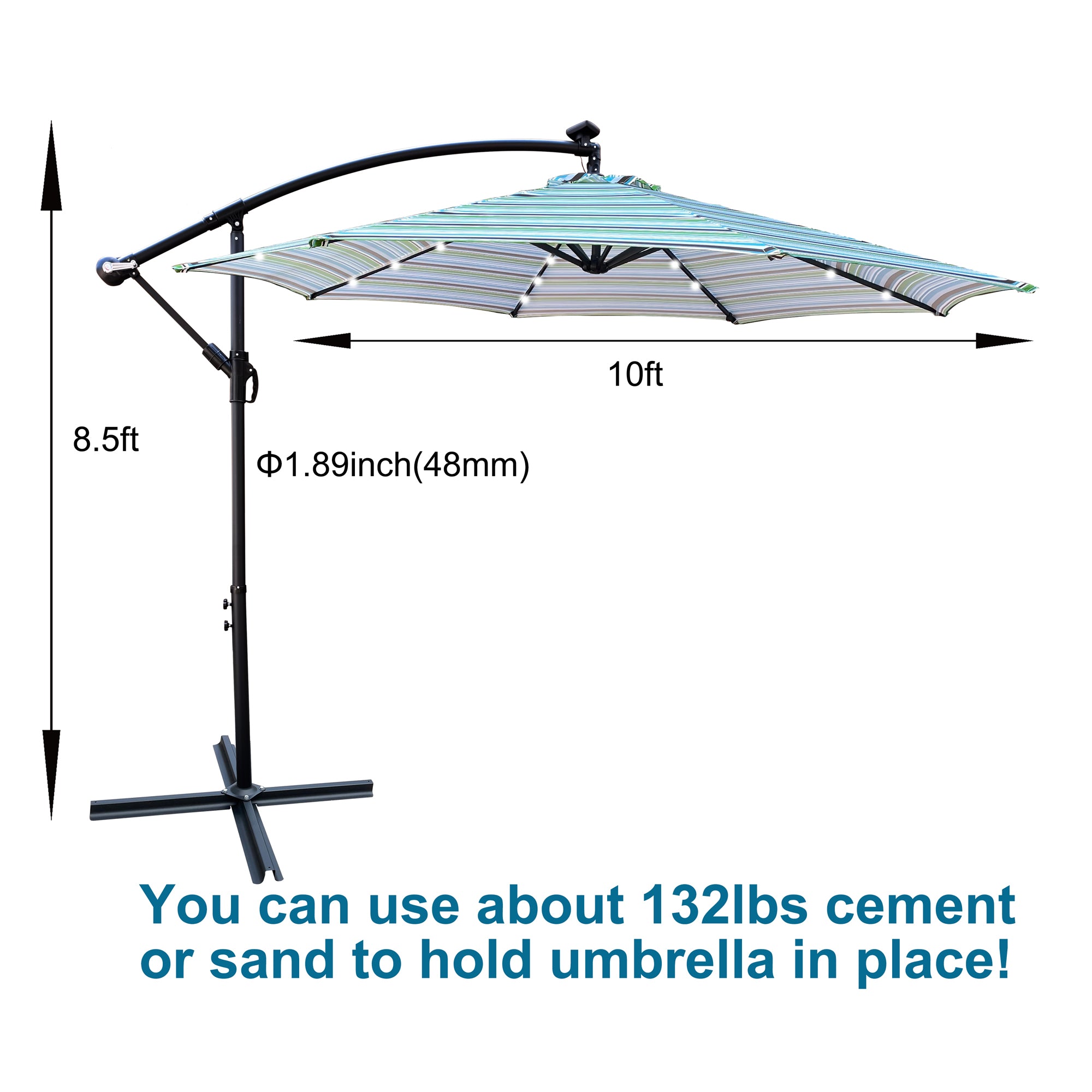 10 ft. Outdoor Patio Solar Powered LED Lighted Sun Shade Market Waterproof 8 Ribs Umbrella with Crank and Cross Base