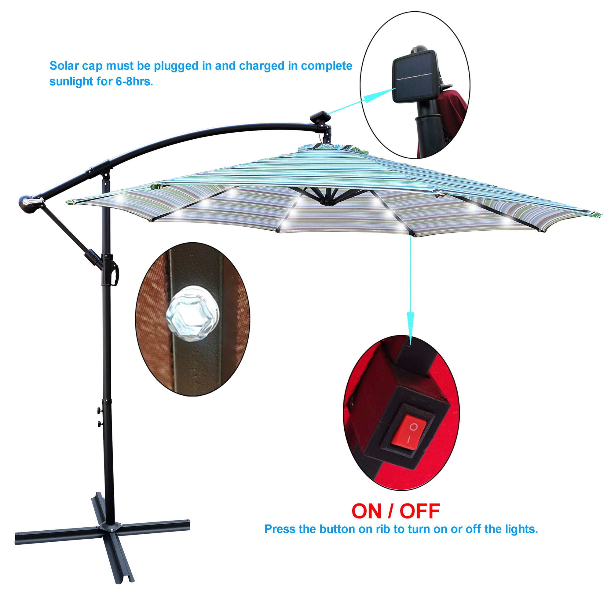 10 ft. Outdoor Patio Solar Powered LED Lighted Sun Shade Market Waterproof 8 Ribs Umbrella with Crank and Cross Base