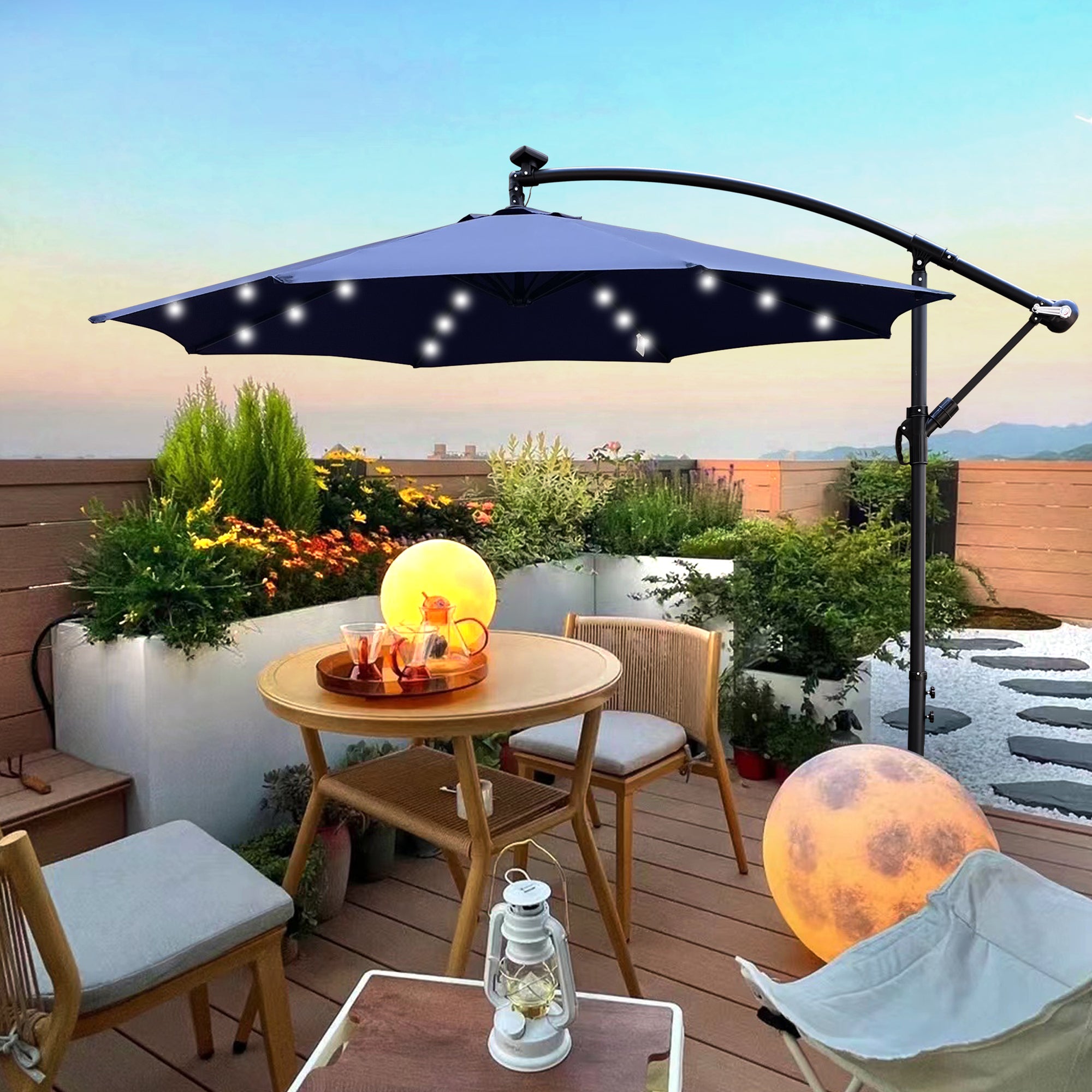 10 ft. Outdoor Patio Solar Powered LED Lighted Sun Shade Market Waterproof 8 Ribs Umbrella with Crank and Cross Base