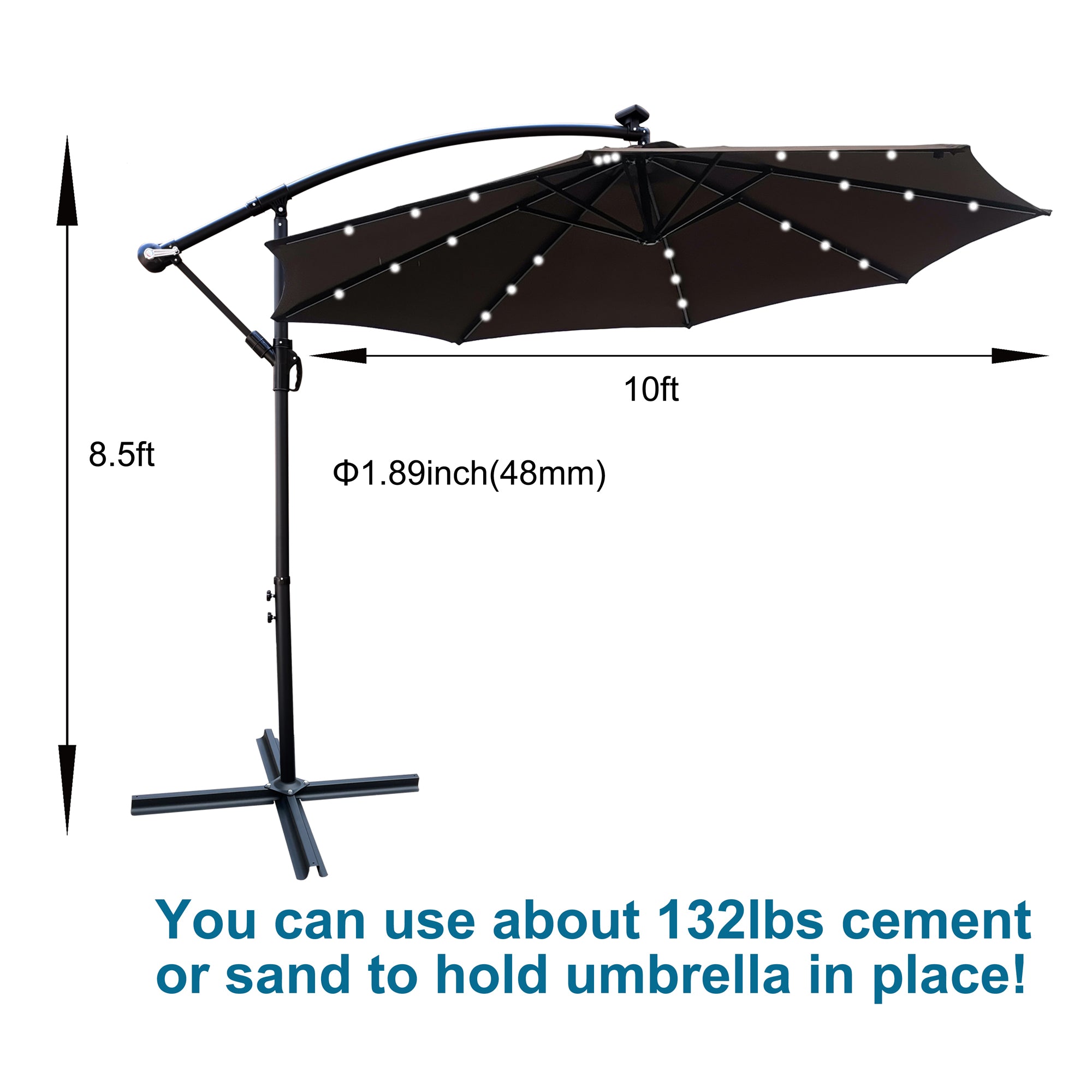 10 ft. Outdoor Patio Solar Powered LED Lighted Sun Shade Market Waterproof 8 Ribs Umbrella with Crank and Cross Base