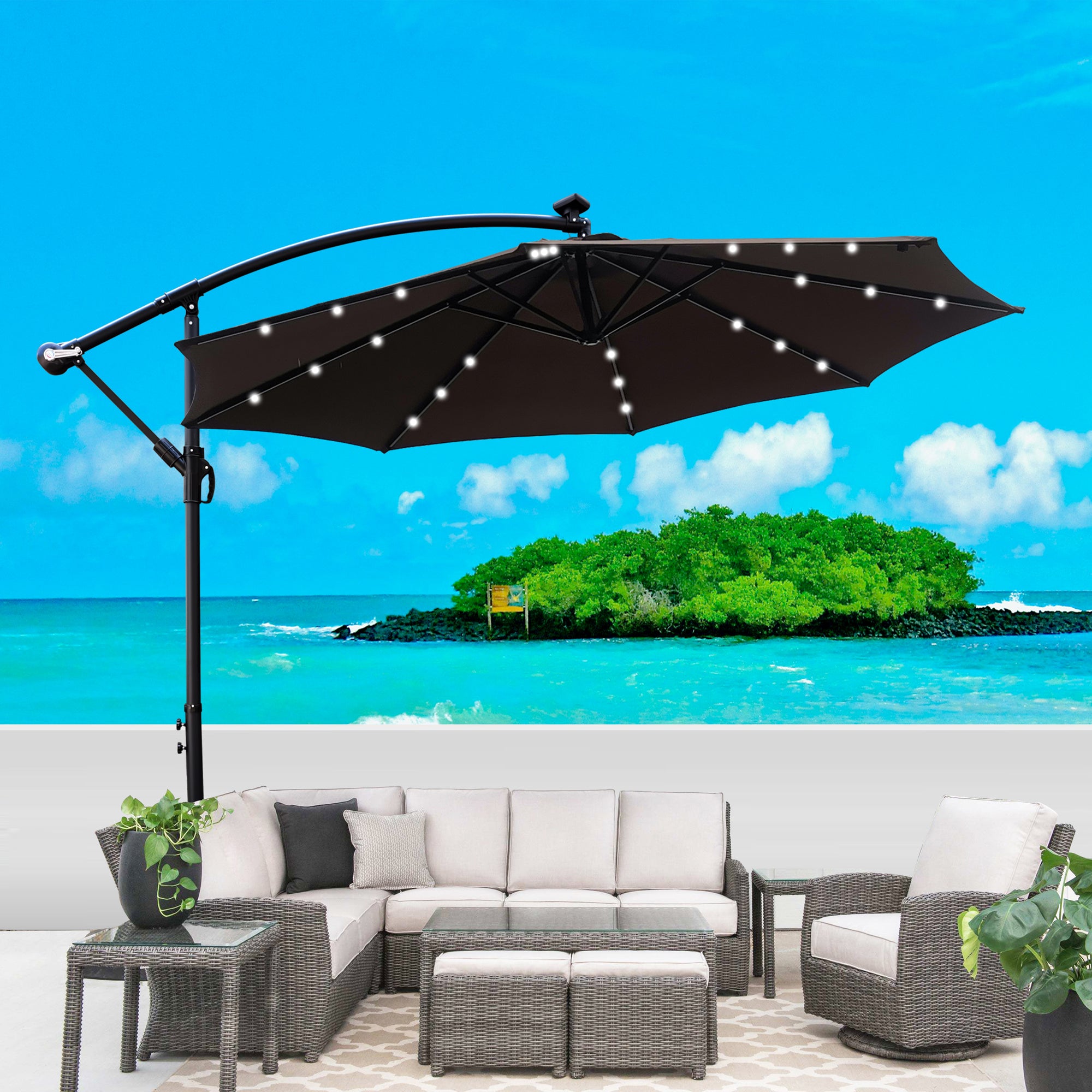 10 ft. Outdoor Patio Solar Powered LED Lighted Sun Shade Market Waterproof 8 Ribs Umbrella with Crank and Cross Base