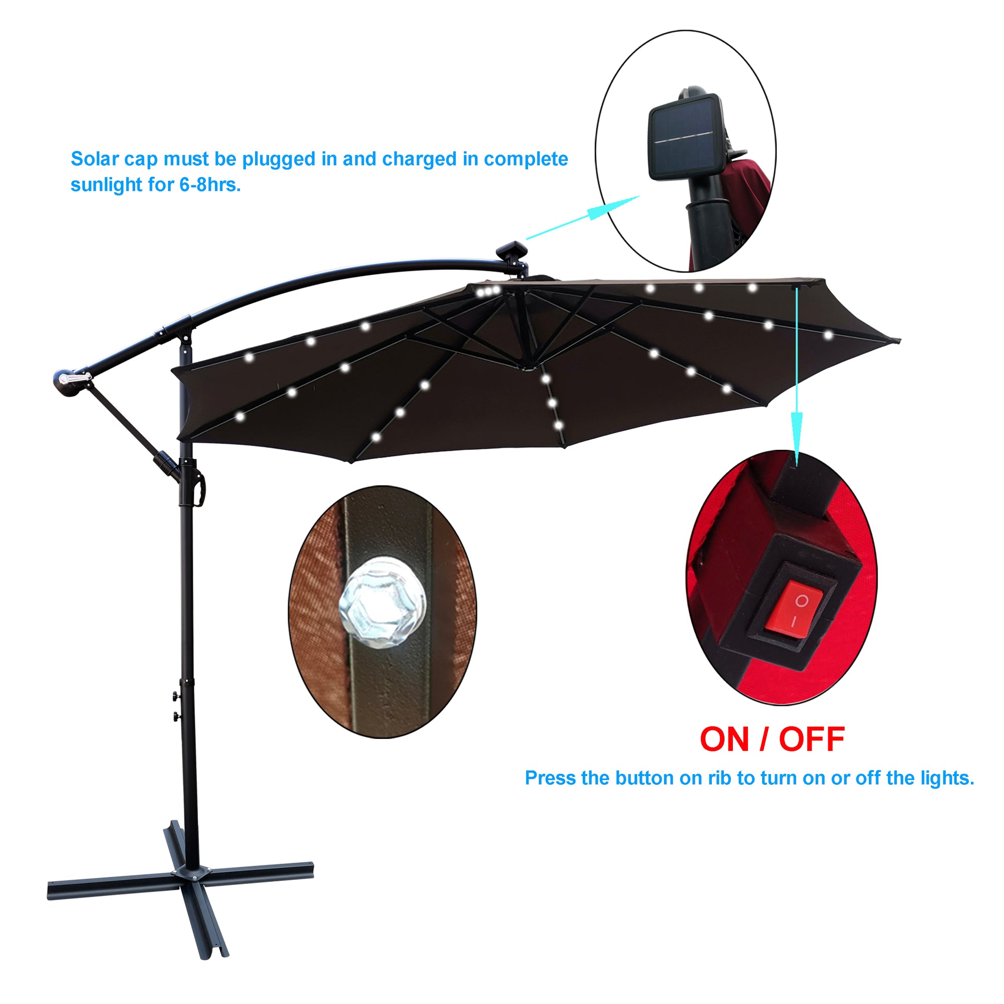 10 ft. Outdoor Patio Solar Powered LED Lighted Sun Shade Market Waterproof 8 Ribs Umbrella with Crank and Cross Base