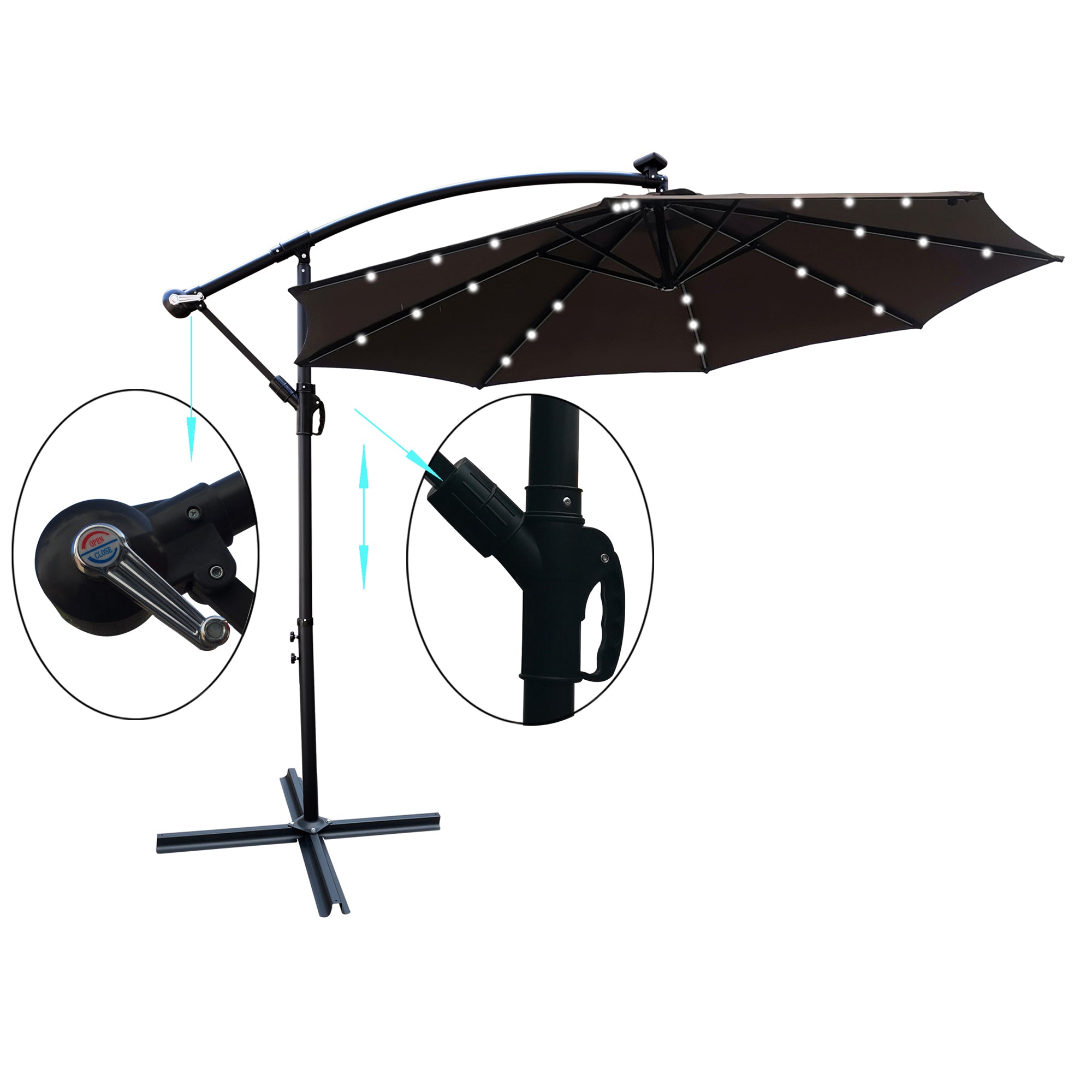 10 ft. Outdoor Patio Solar Powered LED Lighted Sun Shade Market Waterproof 8 Ribs Umbrella with Crank and Cross Base