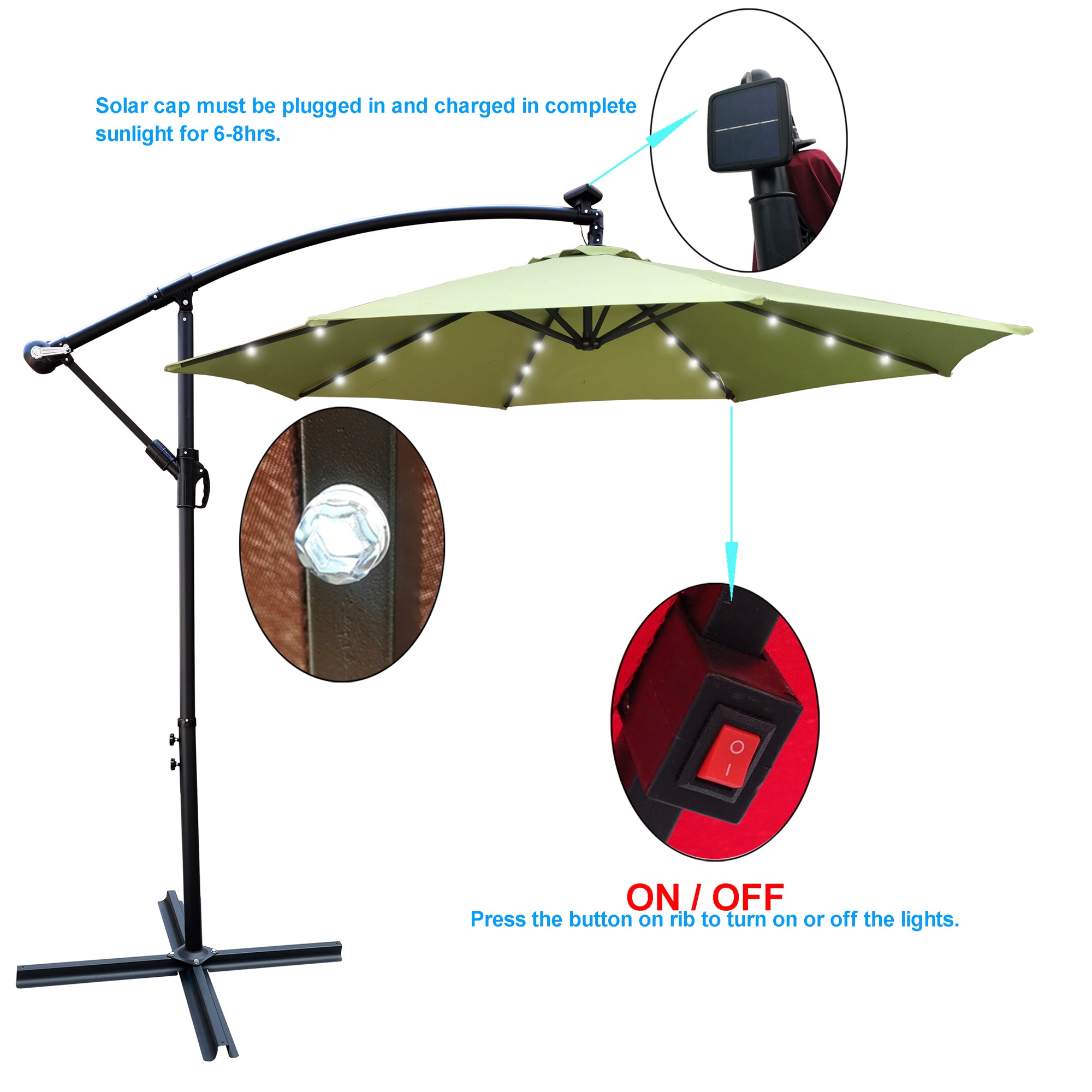 10 ft. Outdoor Patio Solar Powered LED Lighted Sun Shade Market Waterproof 8 Ribs Umbrella with Crank and Cross Base