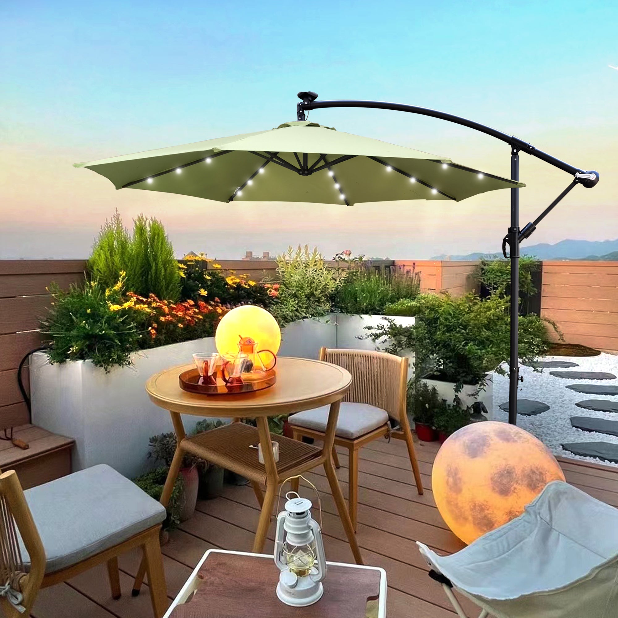 10 ft. Outdoor Patio Solar Powered LED Lighted Sun Shade Market Waterproof 8 Ribs Umbrella with Crank and Cross Base