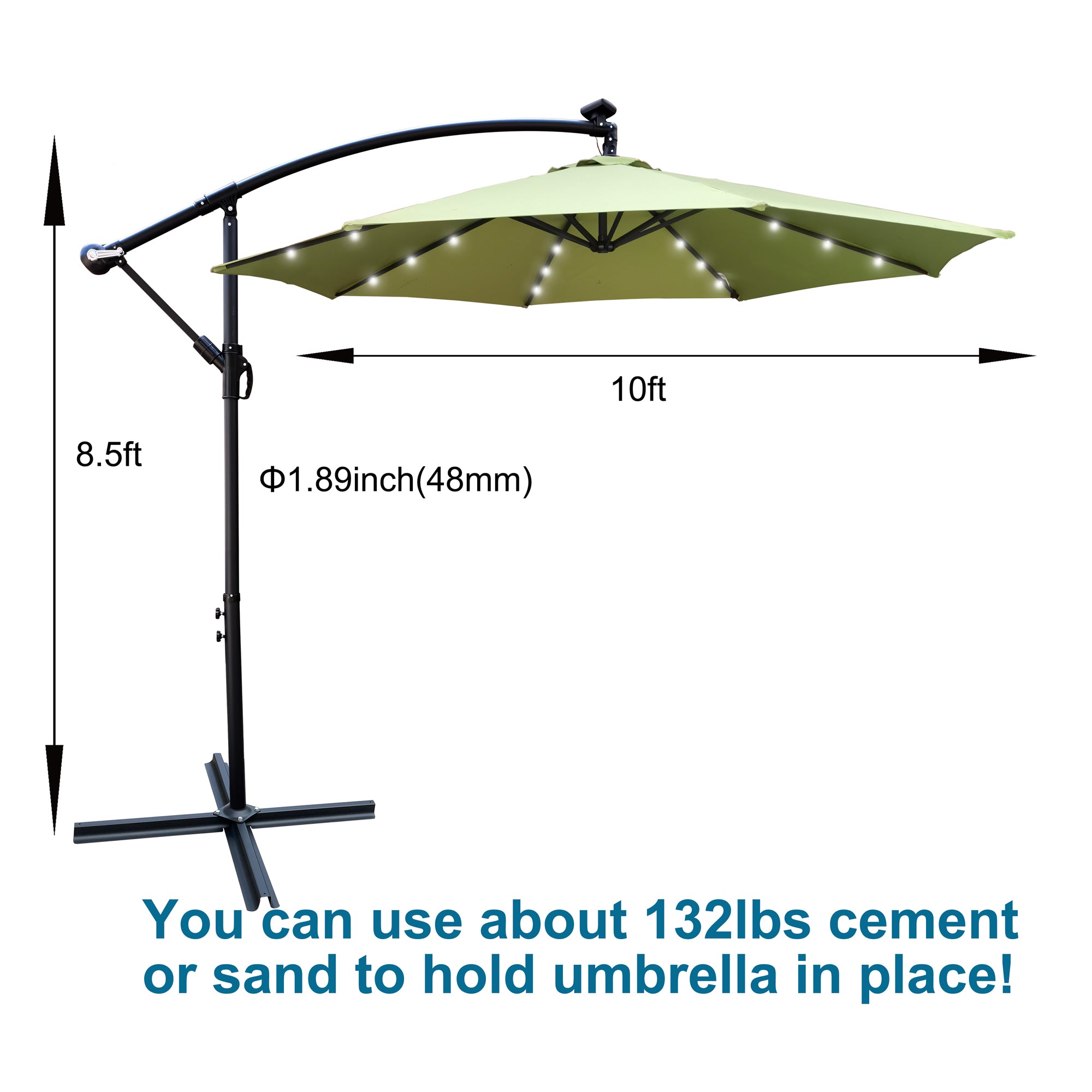 10 ft. Outdoor Patio Solar Powered LED Lighted Sun Shade Market Waterproof 8 Ribs Umbrella with Crank and Cross Base