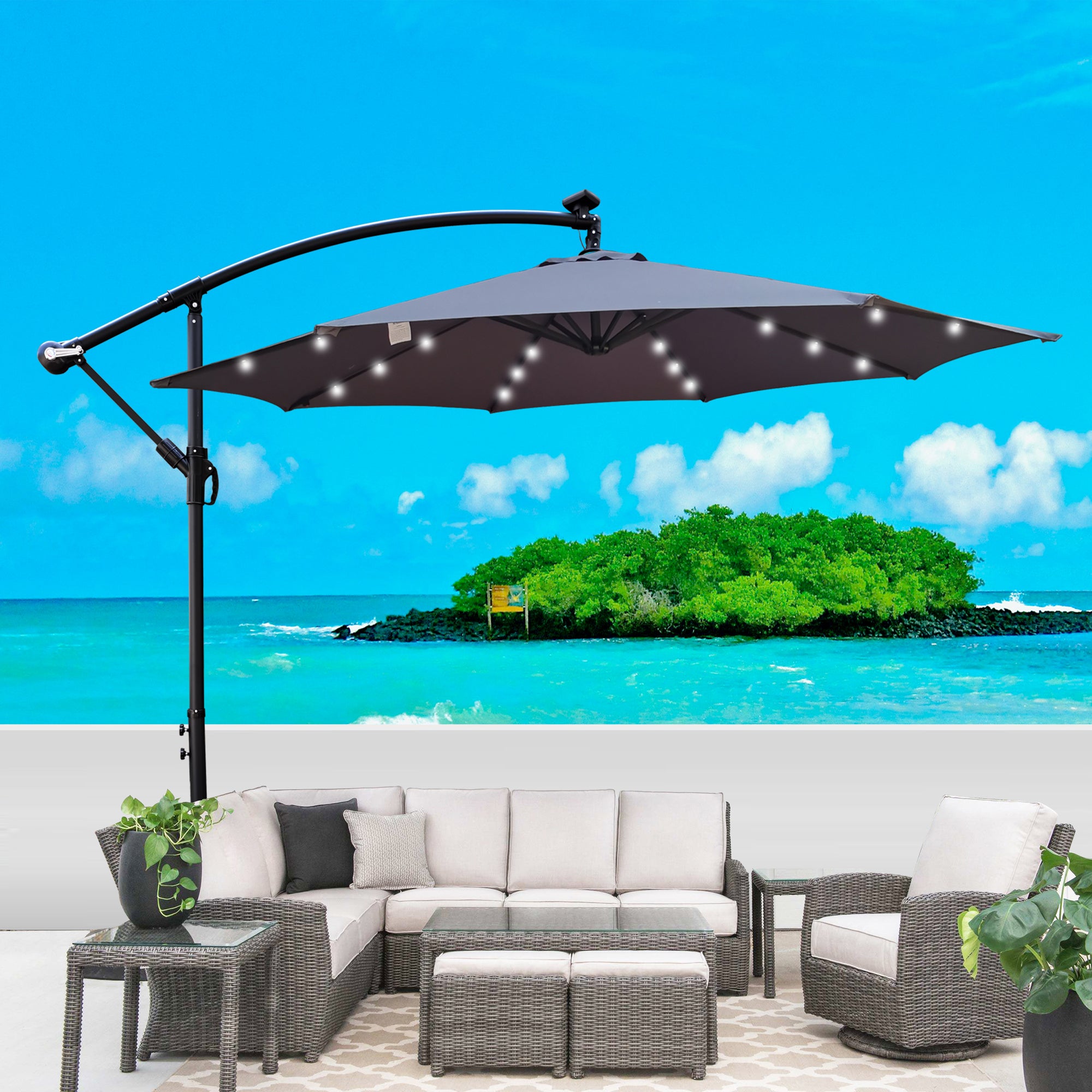 10 ft. Outdoor Patio Solar Powered LED Lighted Sun Shade Market Waterproof 8 Ribs Umbrella with Crank and Cross Base