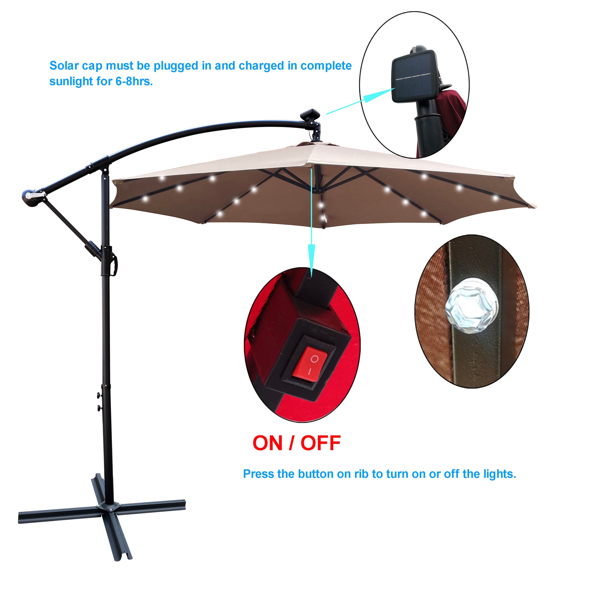 10 ft. Outdoor Patio Solar Powered LED Lighted Sun Shade Market Waterproof 8 Ribs Umbrella with Crank and Cross Base