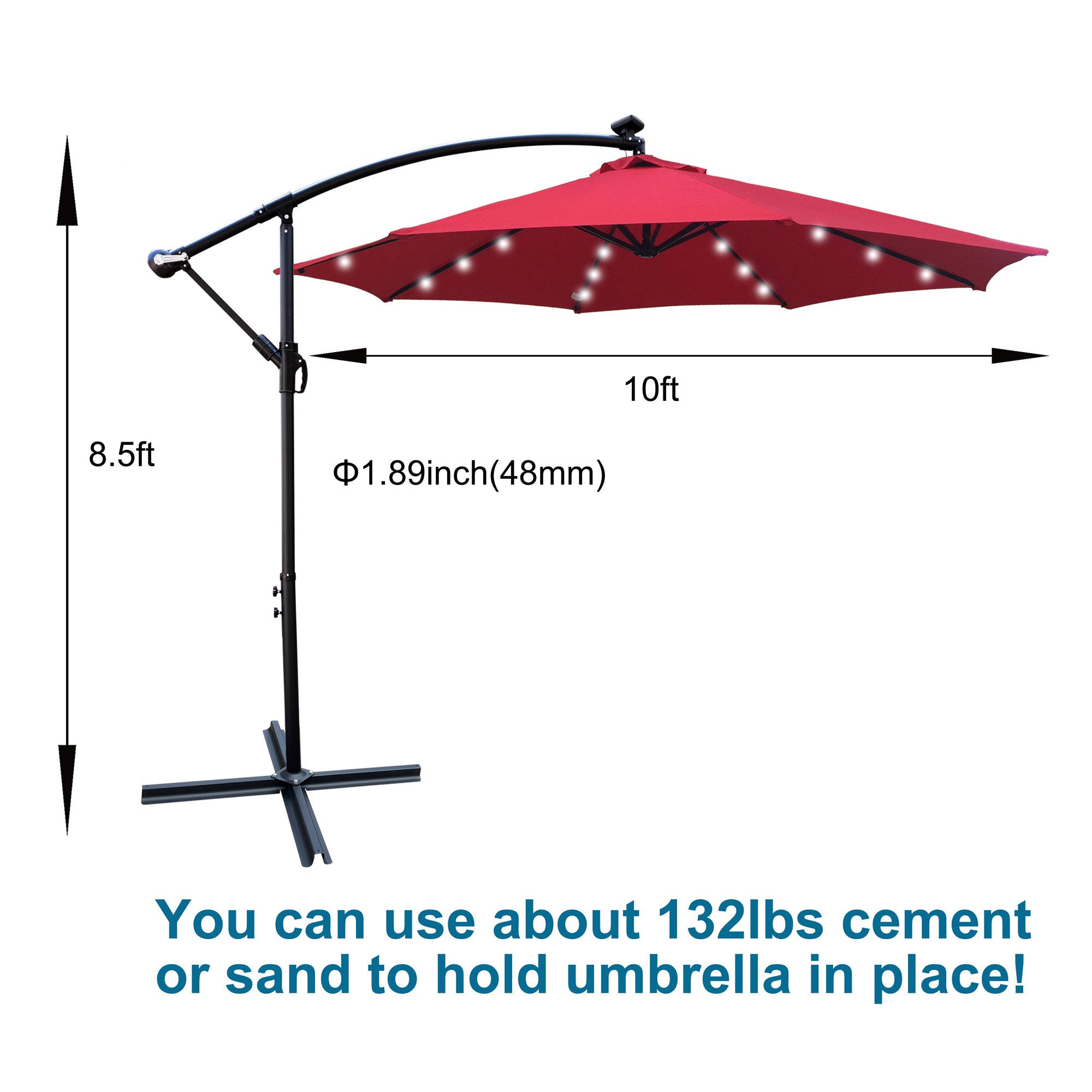 10 ft. Outdoor Patio Solar Powered LED Lighted Sun Shade Market Waterproof 8 Ribs Umbrella with Crank and Cross Base