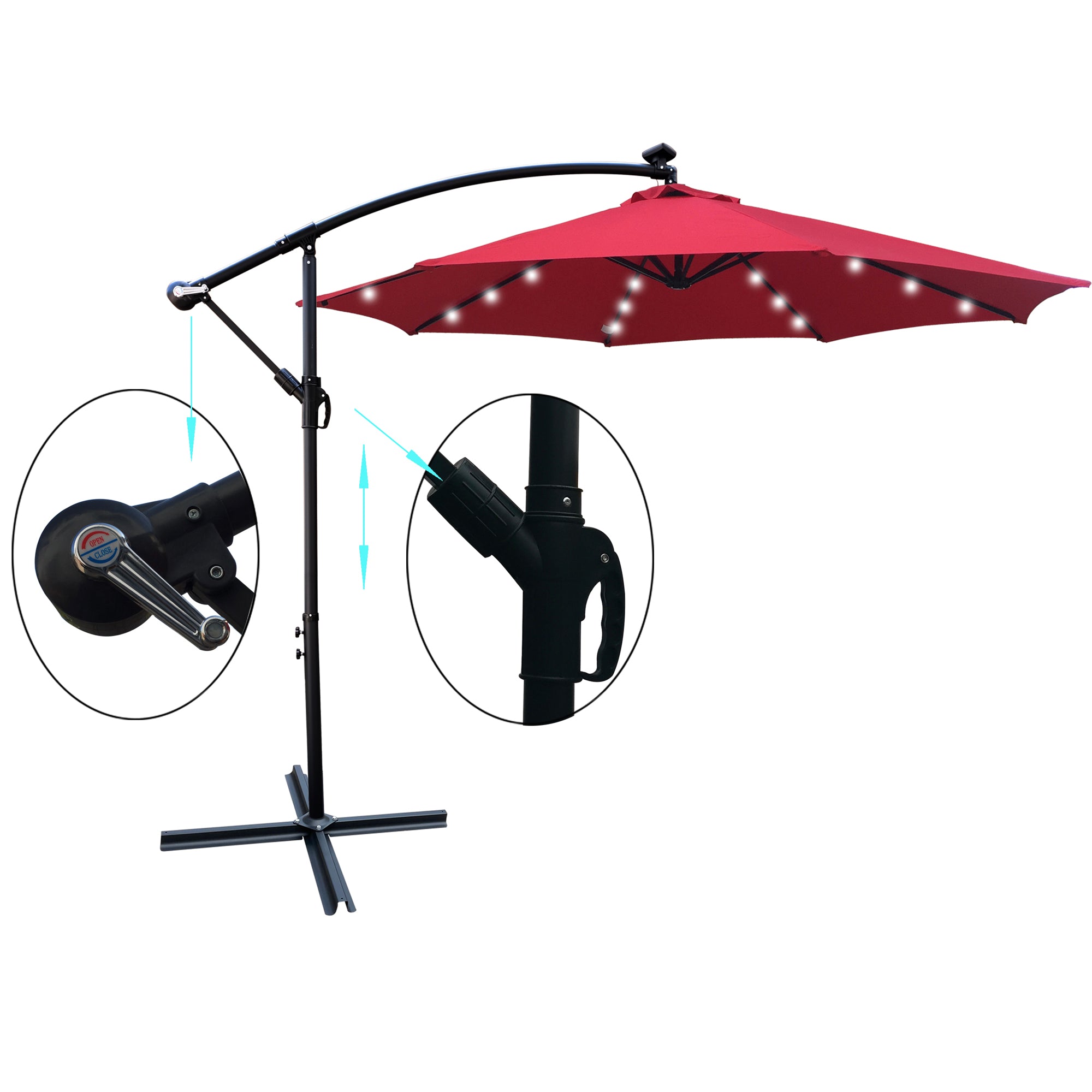 10 ft. Outdoor Patio Solar Powered LED Lighted Sun Shade Market Waterproof 8 Ribs Umbrella with Crank and Cross Base