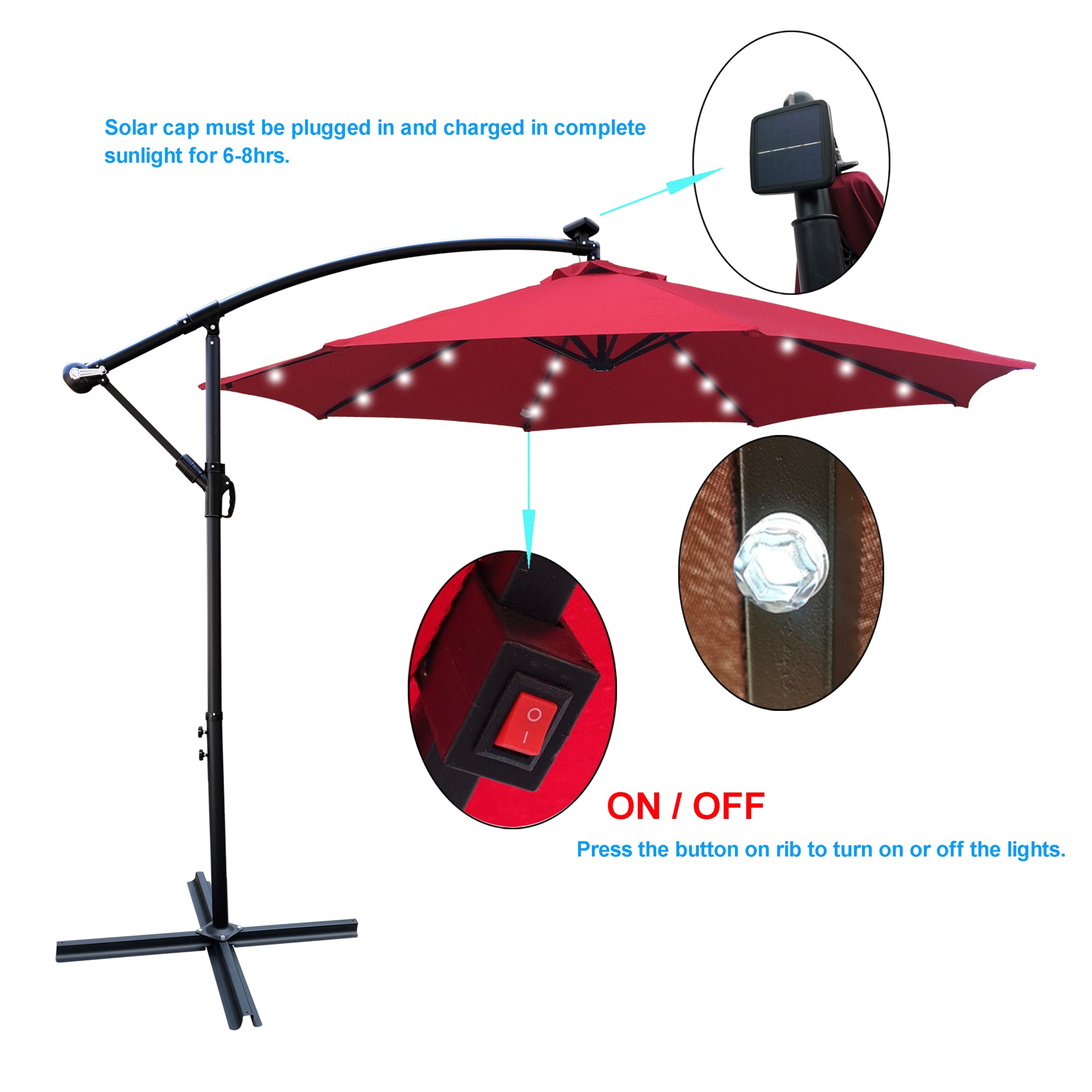 10 ft. Outdoor Patio Solar Powered LED Lighted Sun Shade Market Waterproof 8 Ribs Umbrella with Crank and Cross Base