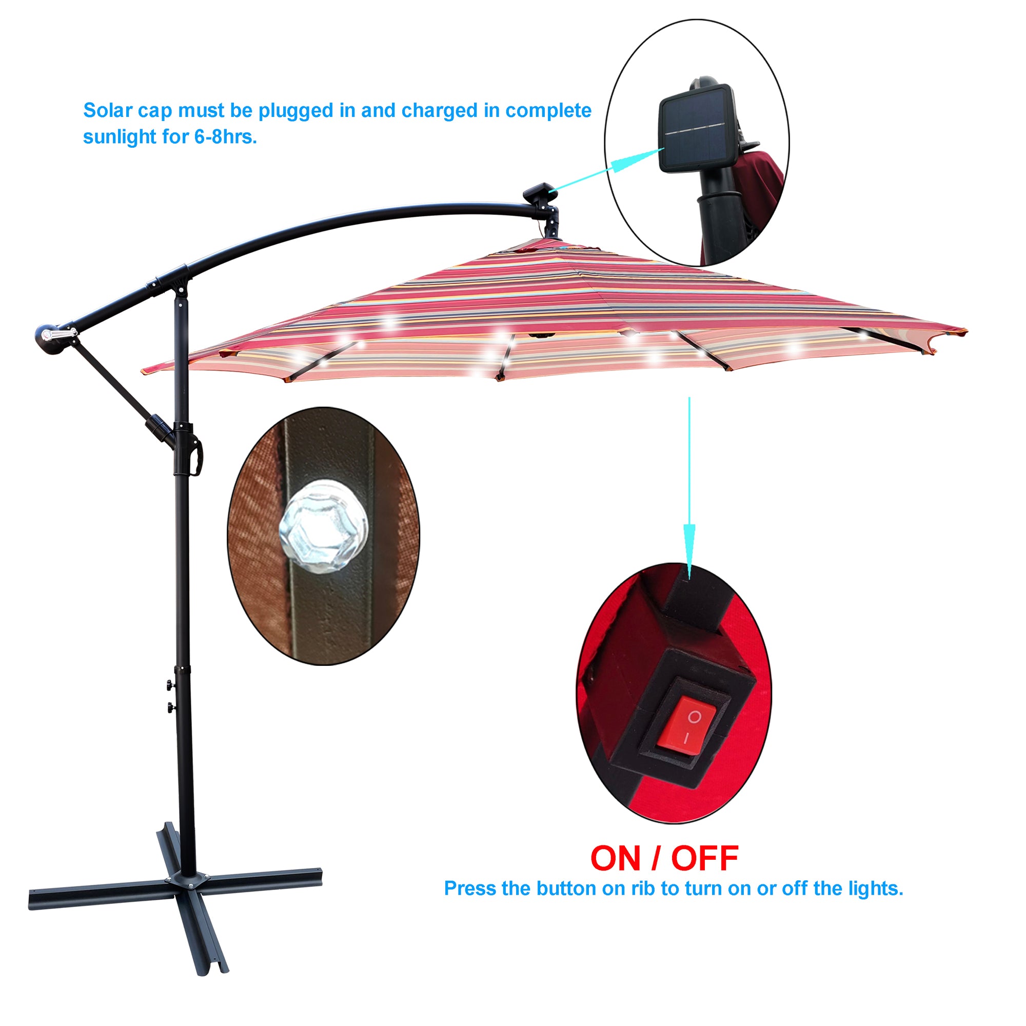 10 ft. Outdoor Patio Solar Powered LED Lighted Sun Shade Market Waterproof 8 Ribs Umbrella with Crank and Cross Base