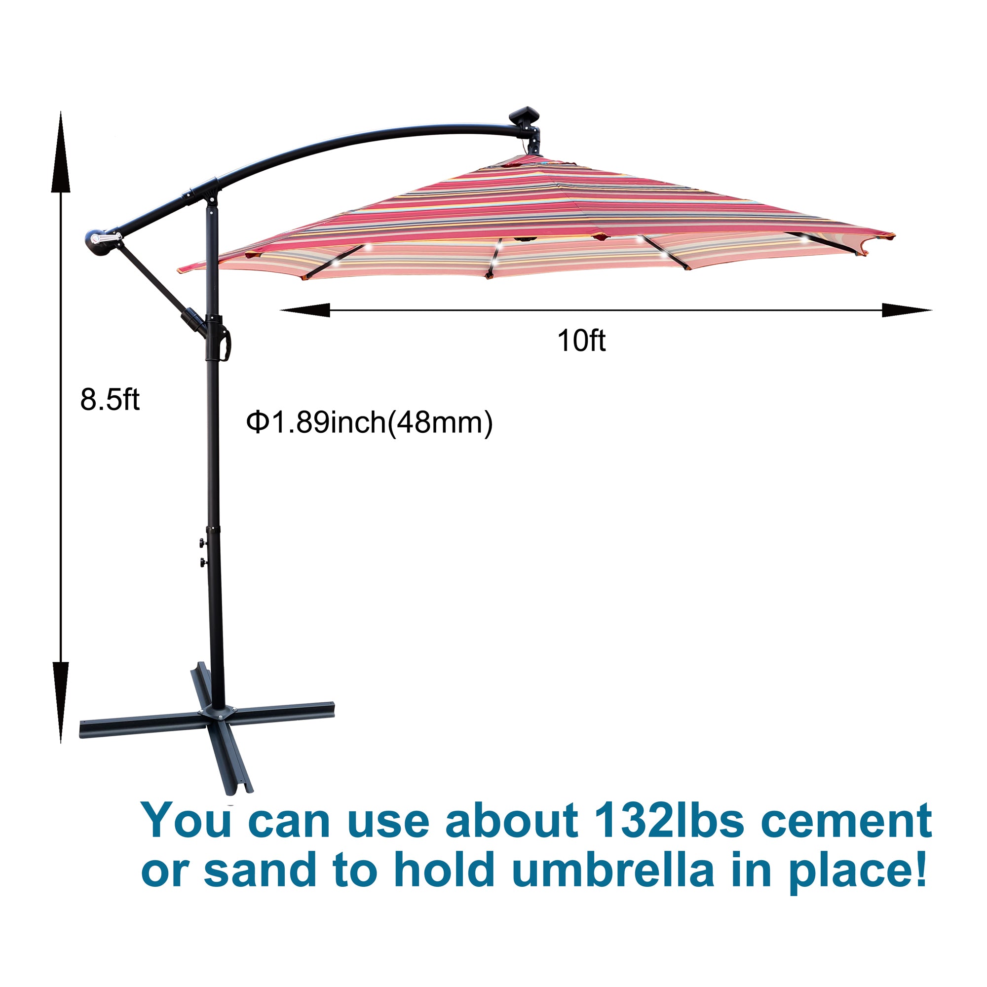 10 ft. Outdoor Patio Solar Powered LED Lighted Sun Shade Market Waterproof 8 Ribs Umbrella with Crank and Cross Base