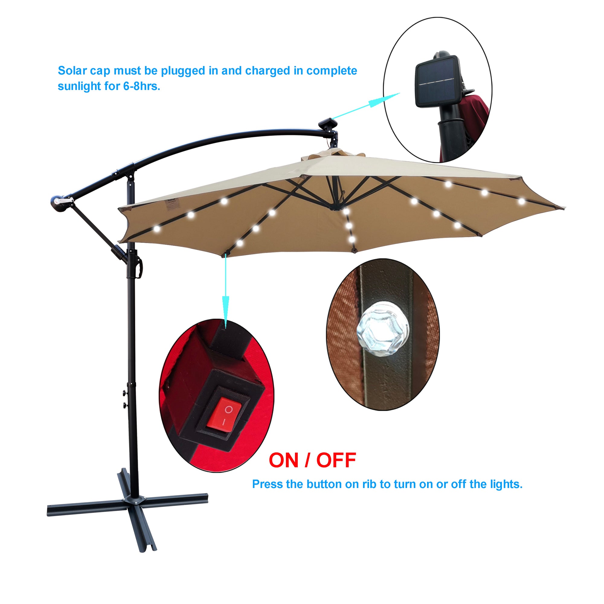 10 ft. Outdoor Patio Solar Powered LED Lighted Sun Shade Market Waterproof 8 Ribs Umbrella with Crank and Cross Base