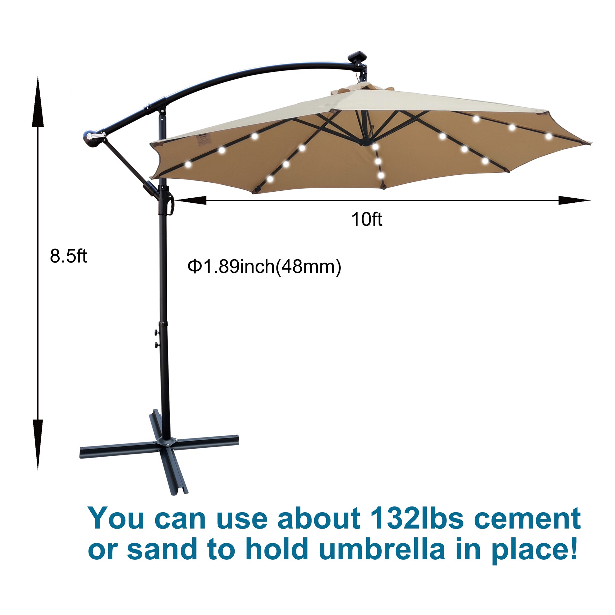 10 ft. Outdoor Patio Solar Powered LED Lighted Sun Shade Market Waterproof 8 Ribs Umbrella with Crank and Cross Base