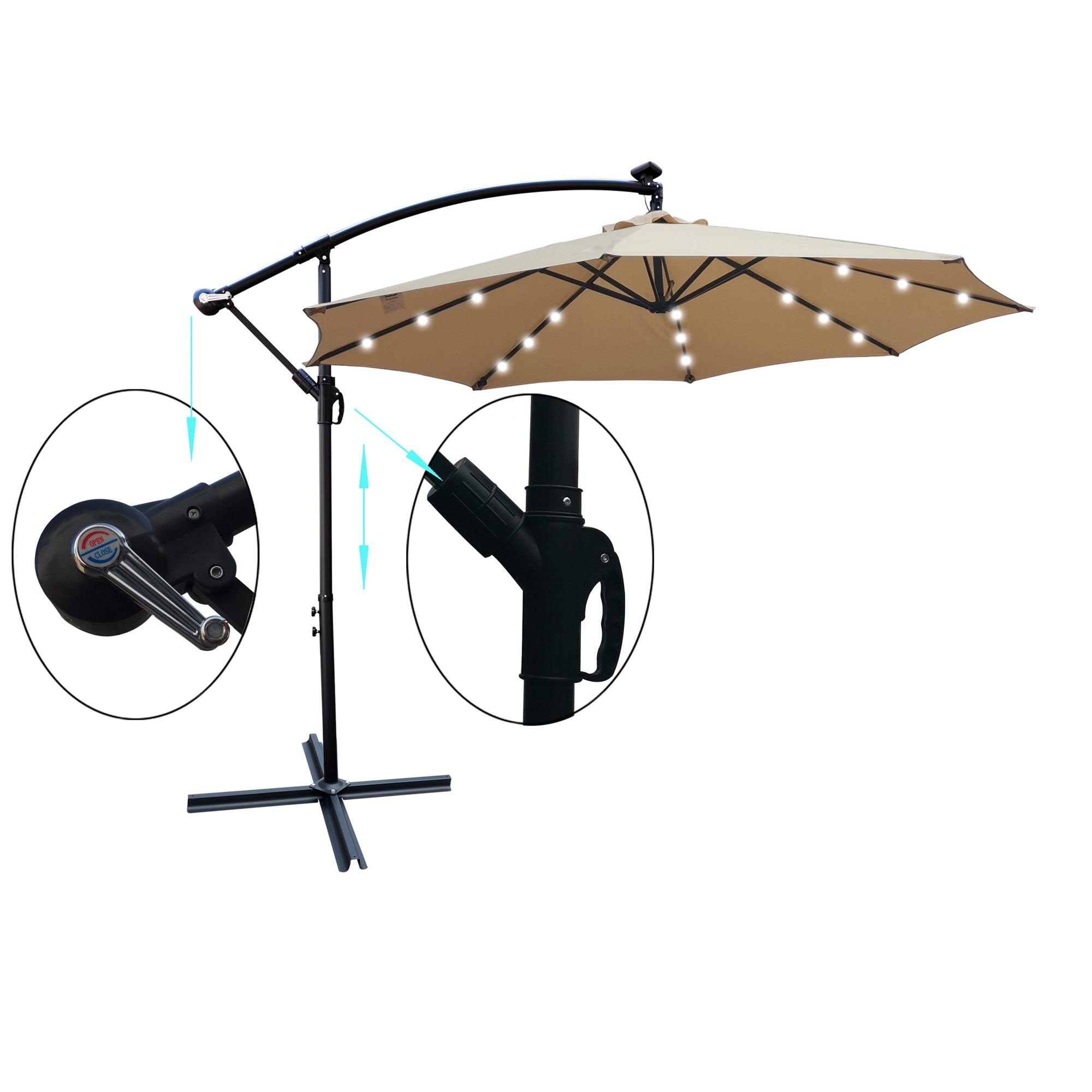 10 ft. Outdoor Patio Solar Powered LED Lighted Sun Shade Market Waterproof 8 Ribs Umbrella with Crank and Cross Base