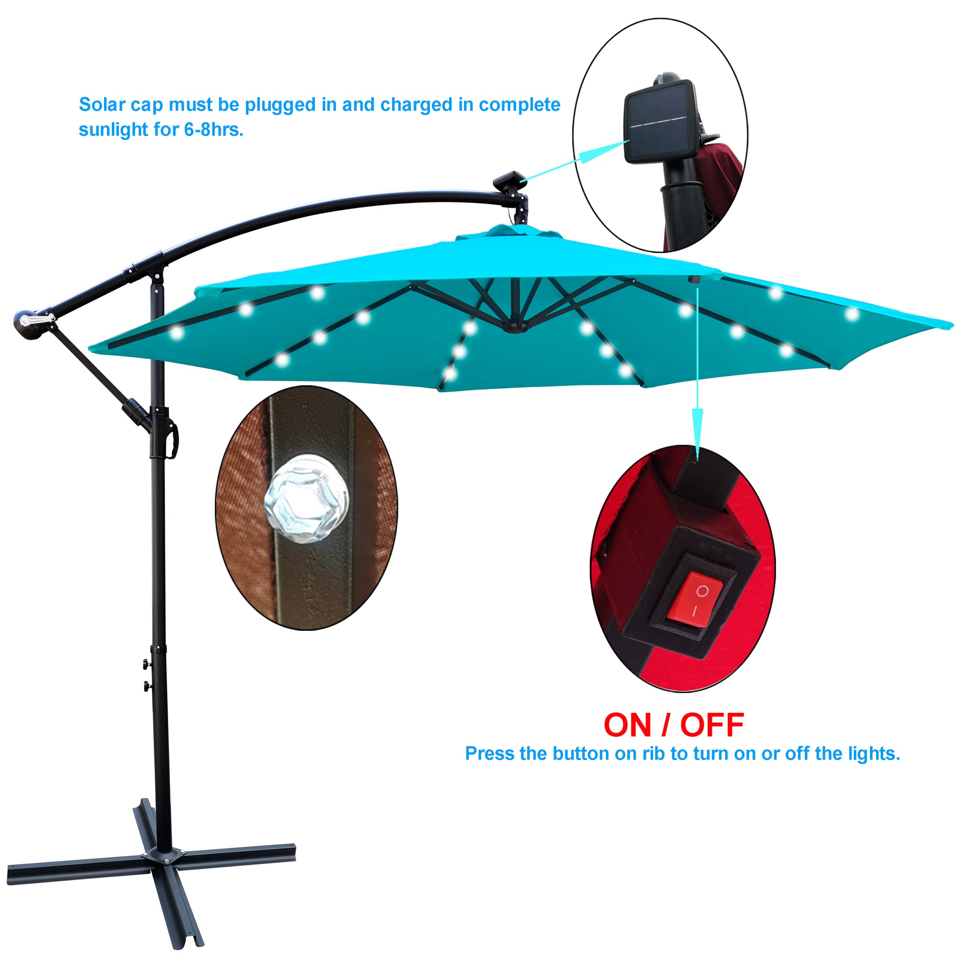 10 ft. Outdoor Patio Solar Powered LED Lighted Sun Shade Market Waterproof 8 Ribs Umbrella with Crank and Cross Base