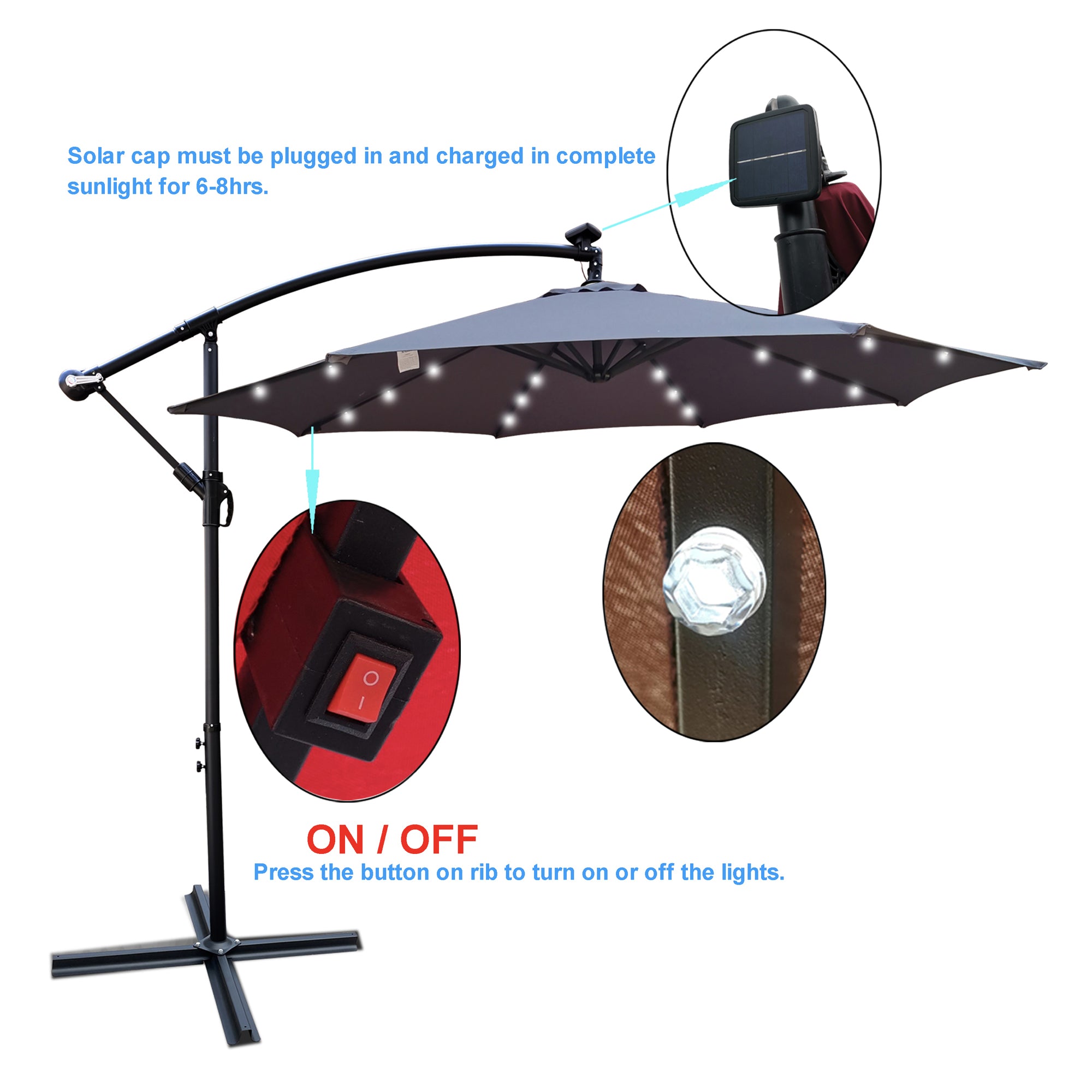 10 ft. Outdoor Patio Solar Powered LED Lighted Sun Shade Market Waterproof 8 Ribs Umbrella with Crank and Cross Base