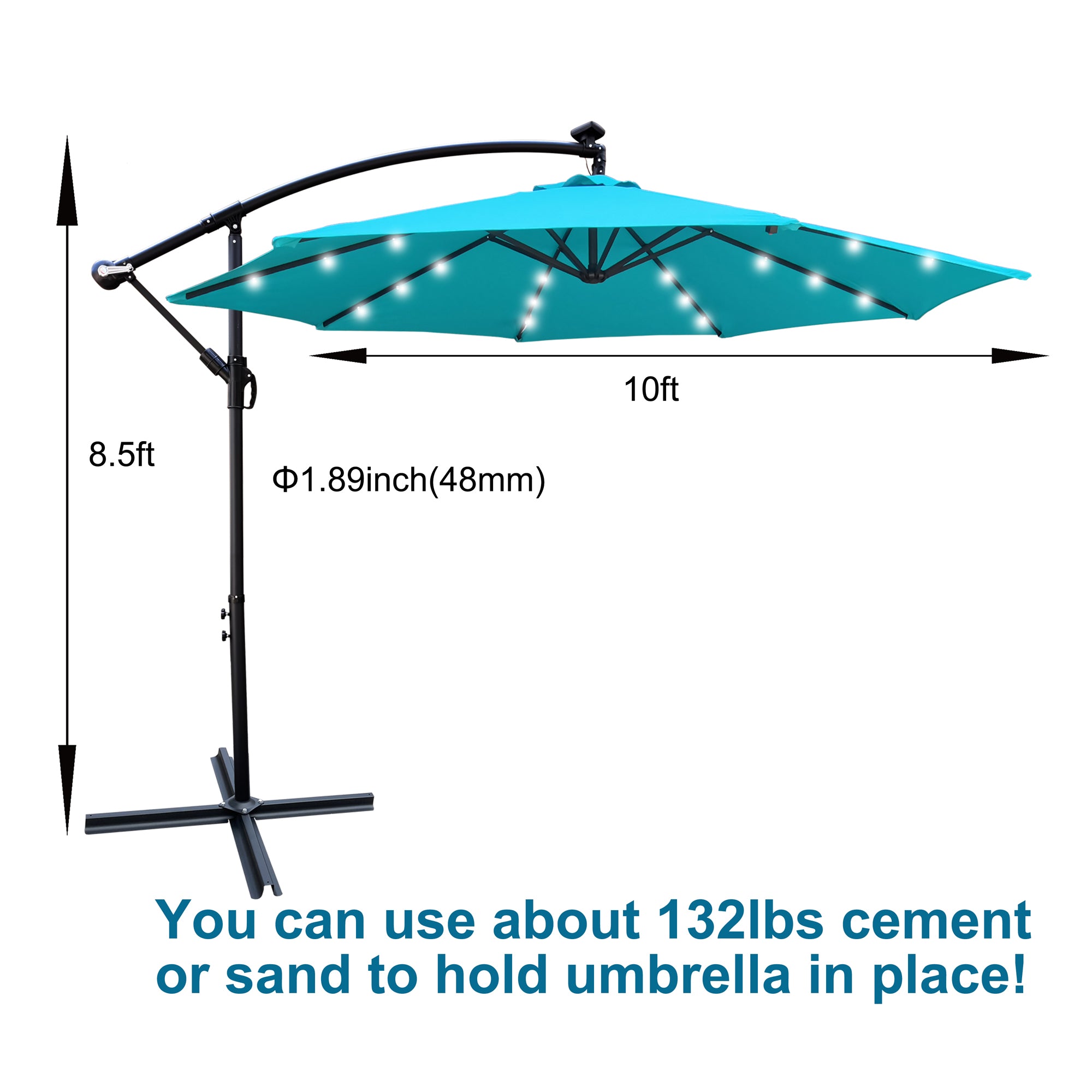 10 ft. Outdoor Patio Solar Powered LED Lighted Sun Shade Market Waterproof 8 Ribs Umbrella with Crank and Cross Base