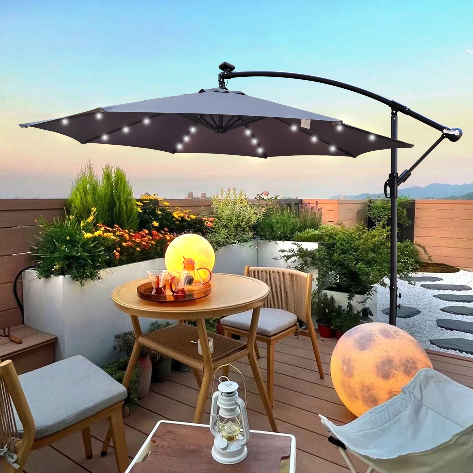 10 ft. Outdoor Patio Solar Powered LED Lighted Sun Shade Market Waterproof 8 Ribs Umbrella with Crank and Cross Base