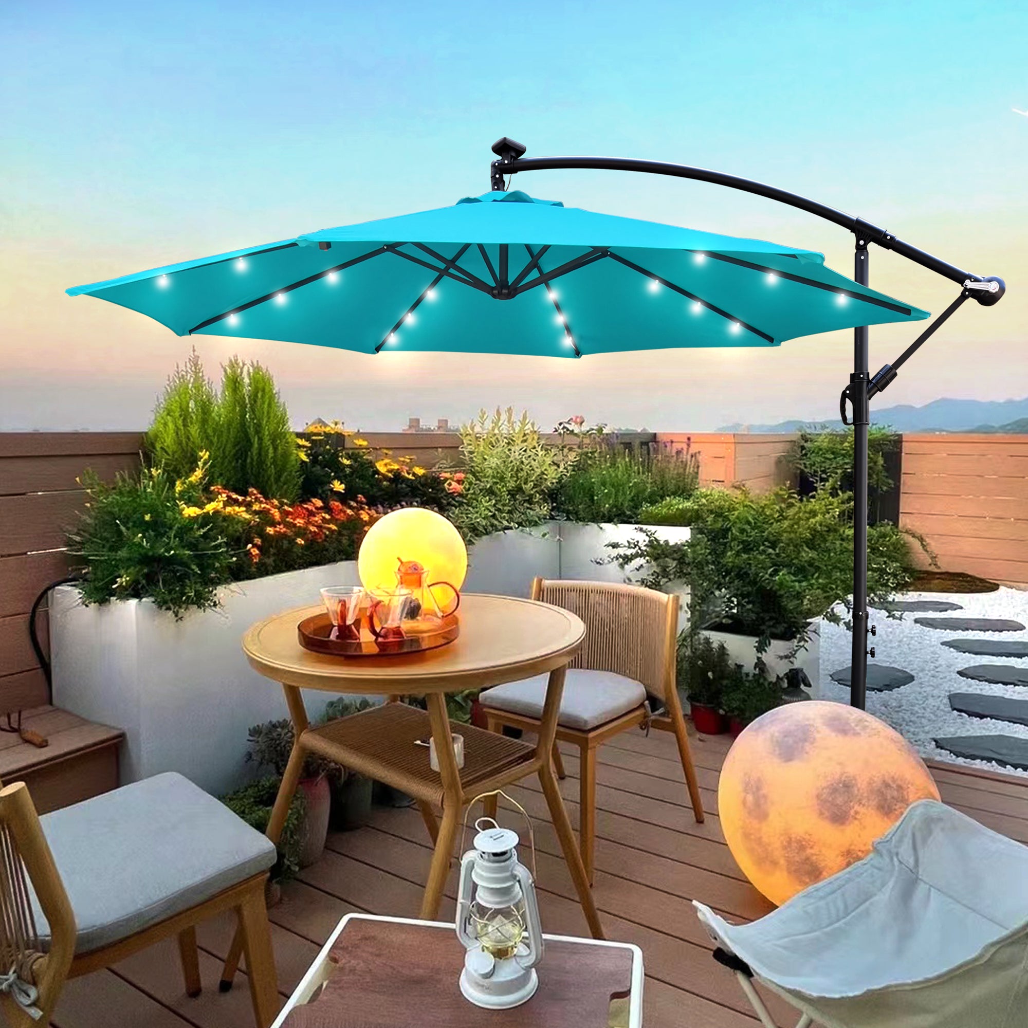 10 ft. Outdoor Patio Solar Powered LED Lighted Sun Shade Market Waterproof 8 Ribs Umbrella with Crank and Cross Base